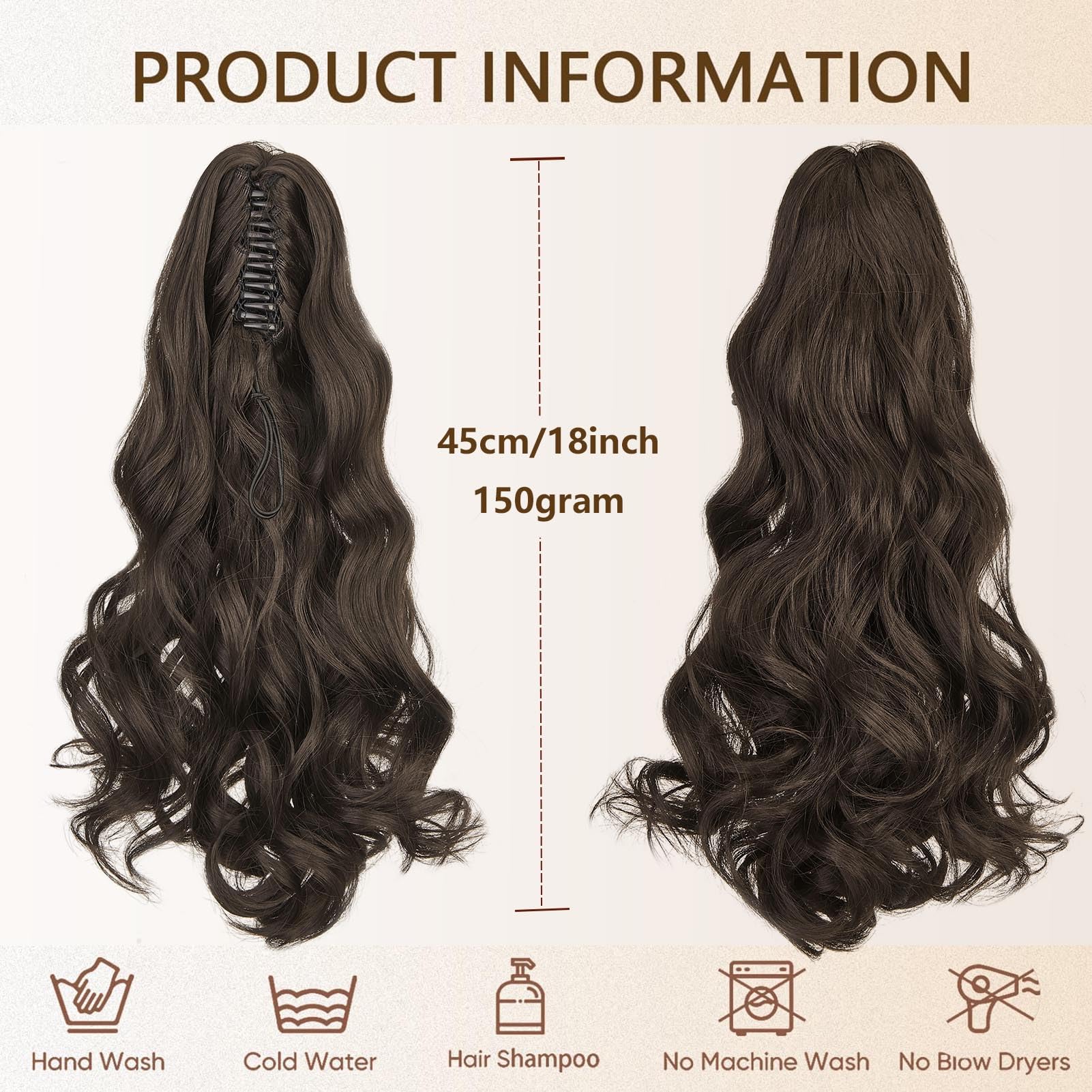 Cybelleza Ponytail Extension Curly Wavy Claw Jaw Pony Tail 18" One Piece Clip in Hair Extensions Ponytail Hairpiece Synthetic Long Natural for Women Medium Brown - Image 4