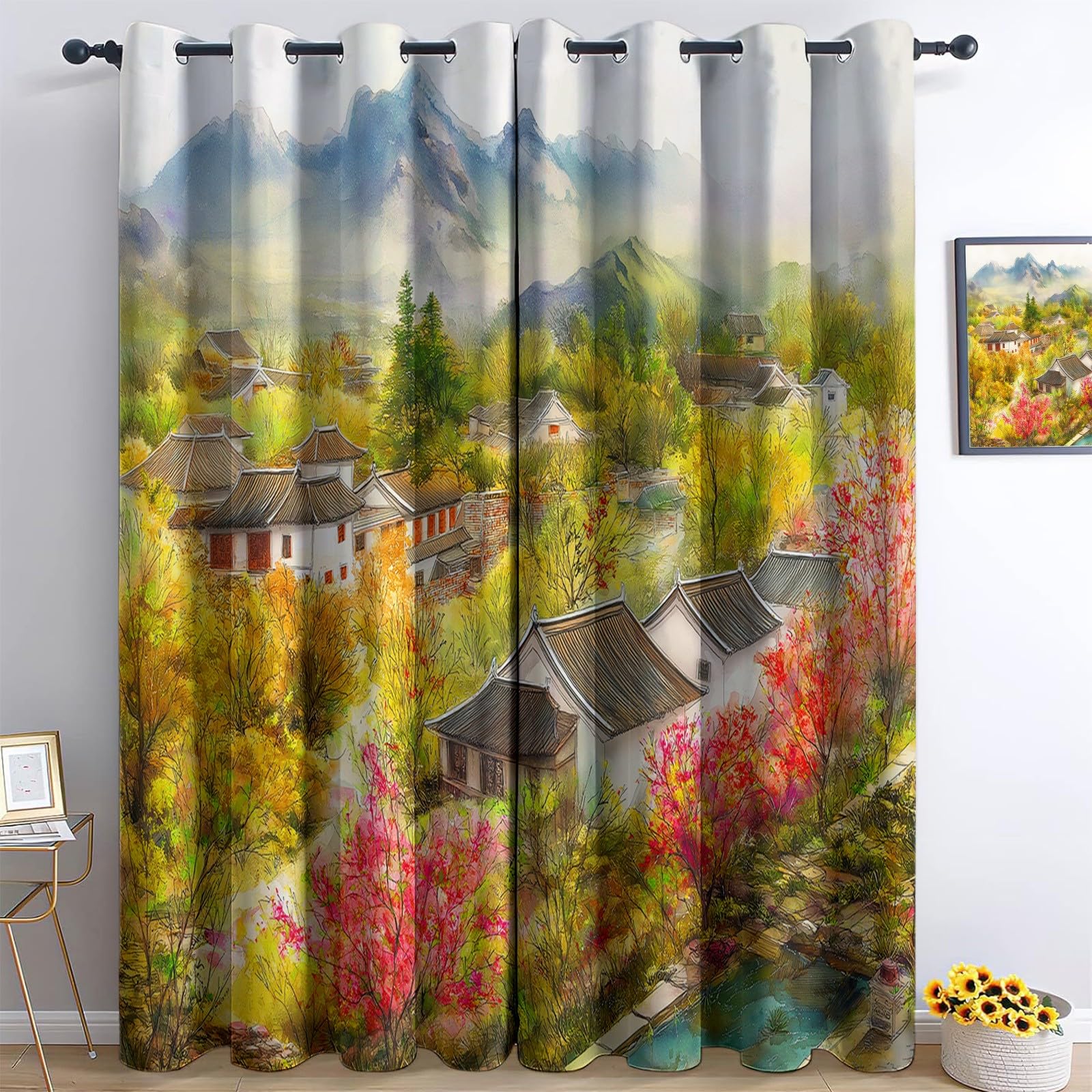 Rideau Occultant Imprimé Peinture à L'huile, Rideaux à Œillets Nuage Rural Oriental Décoration Moderne pour Enfant Ado Adultes - Rideaux (Lot de 2) 91.5L X 214H cm pour Chambre à Coucher et Salon