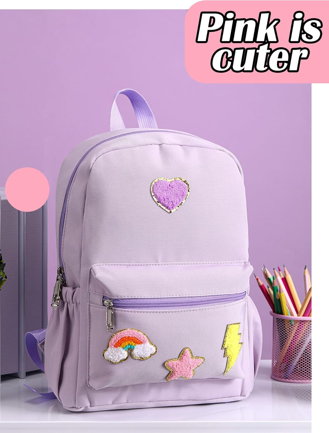 Preppy School Backpack Set for Girls Backpack and Lunch Bag with Chenille Patches Preppy Bookbag Lunch Bag for Back to School Gift(Purple)