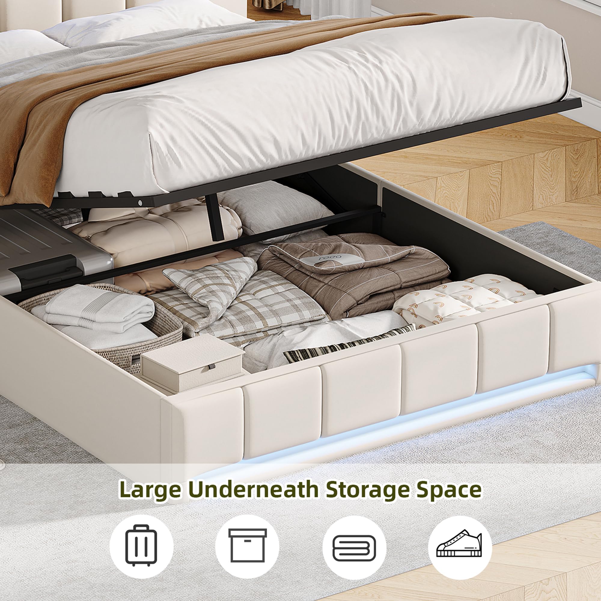 Cama con cajón 140 x 200 con LED, cama de matrimonio tapizada con somier de listones y compartimento de almacenamiento, cabecero doble, cama de matrimonio para adultos y adolescentes, sin
