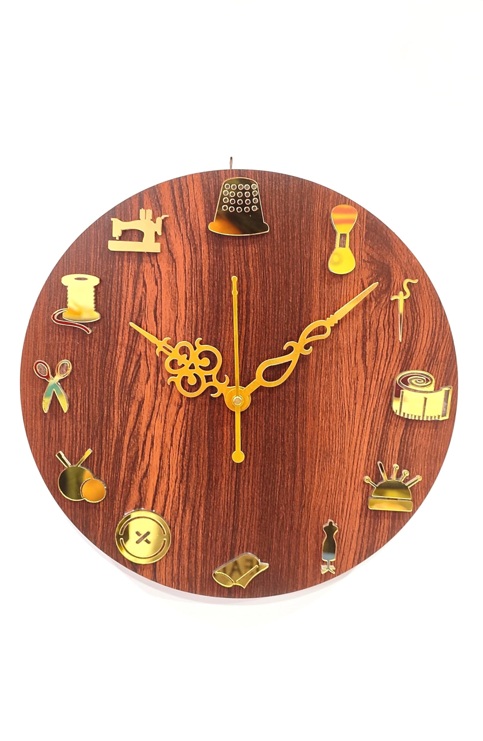 Wooden Wall Clock with Tailoring Tools Cutouts for Home and Office Decor - Ideal Gift for Tailors (29 cm, Golden, Rosewood)-image-10