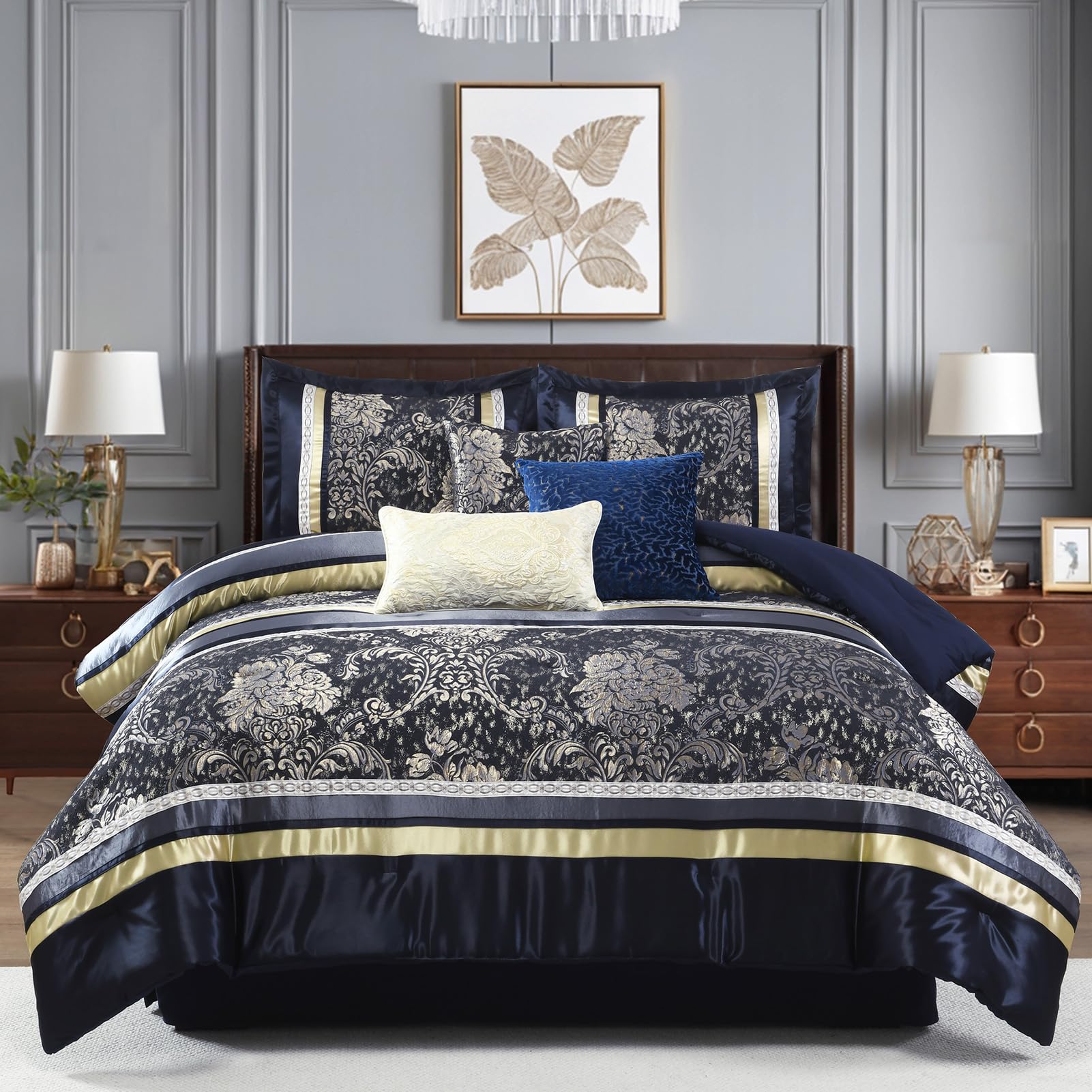 PANGUSHAN 7 Pieces Comforter Set King Size, Luxury Silky Elegant Jacquard Fluffy Reversible Bedding Set with Bed Skirt, Shams and Pillows, Bed in a Bag King, Down Alternative, Navy/Gold