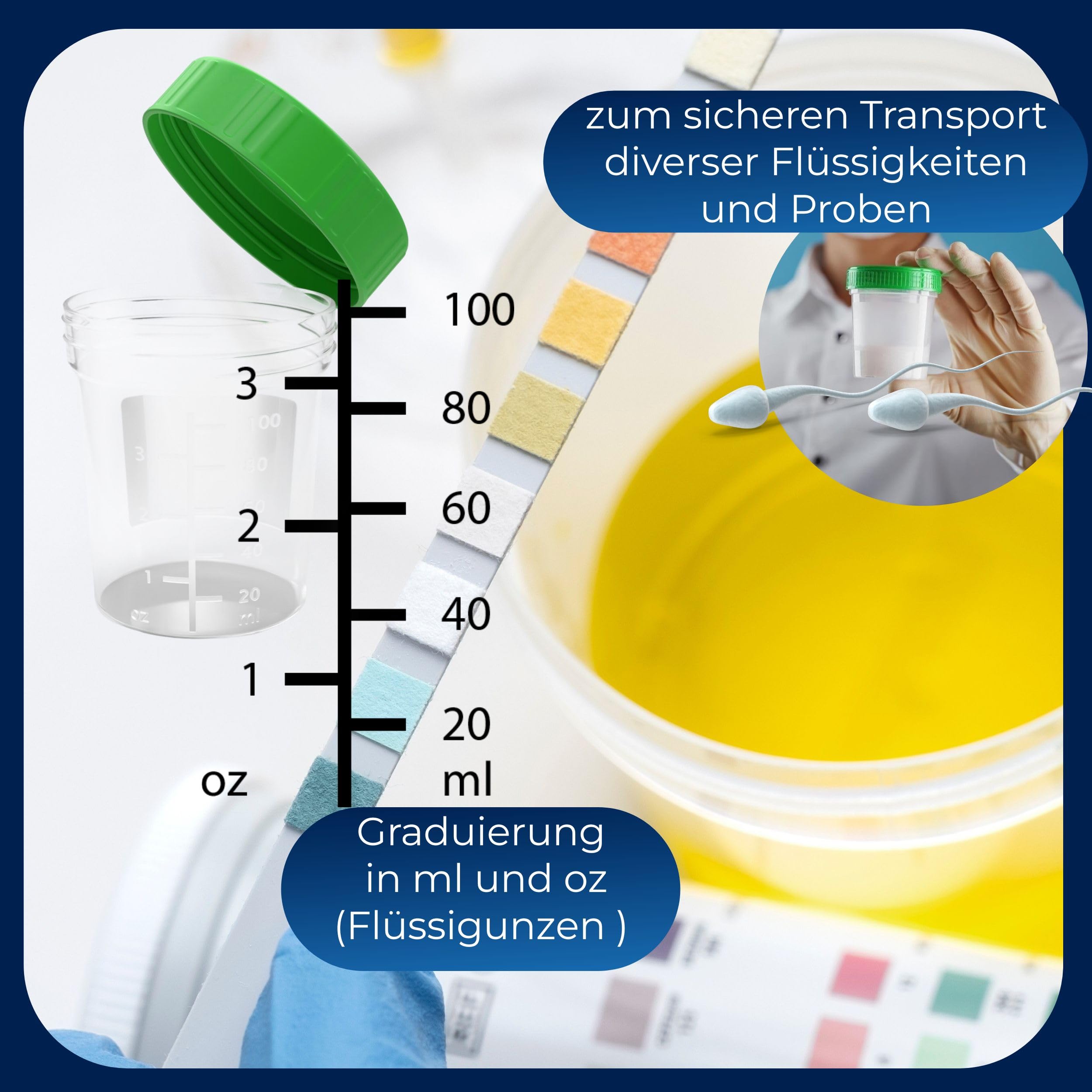 Urinbecher/Probenbecher mit Schraubverschluss 125ml Fassungsvermögen, Maßtabelle bis 100ml/3oz, beschriftbar (100Stk)