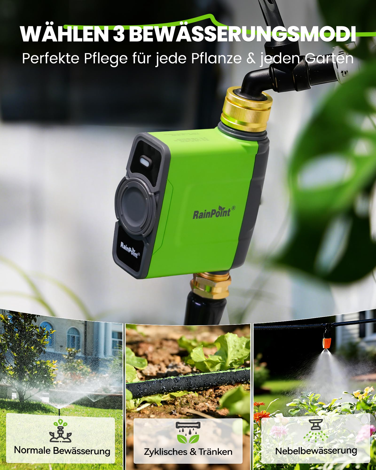 RAINPOINT Bewässerungscomputer WLAN mit Messing Einlass und Auslass, Smart Bewässerungssteuerung, APP/Sprachsteuerung, Wetterbasiert, Automatisches Bewässerung für Garten Rasen, 6 Zeitplänen