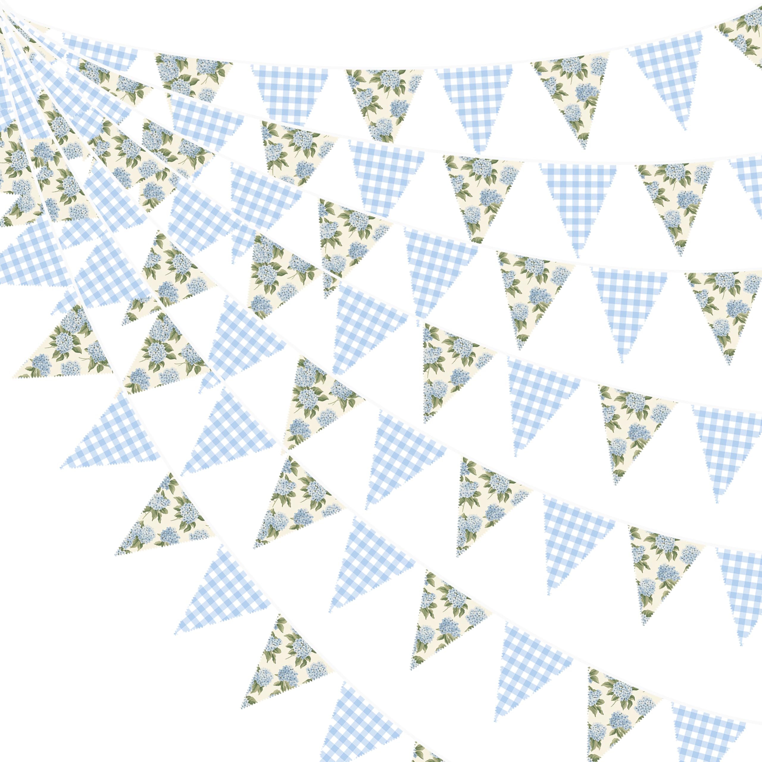 32Ft Blue Floral Bunting Banner Party Decorations Vintage Blue Plaid Hydrangea Fabric Pennant Triangle Flag Garland Streamer for Floral Wedding Birthday Baby Bridal Shower Vintage Flower Tea Party