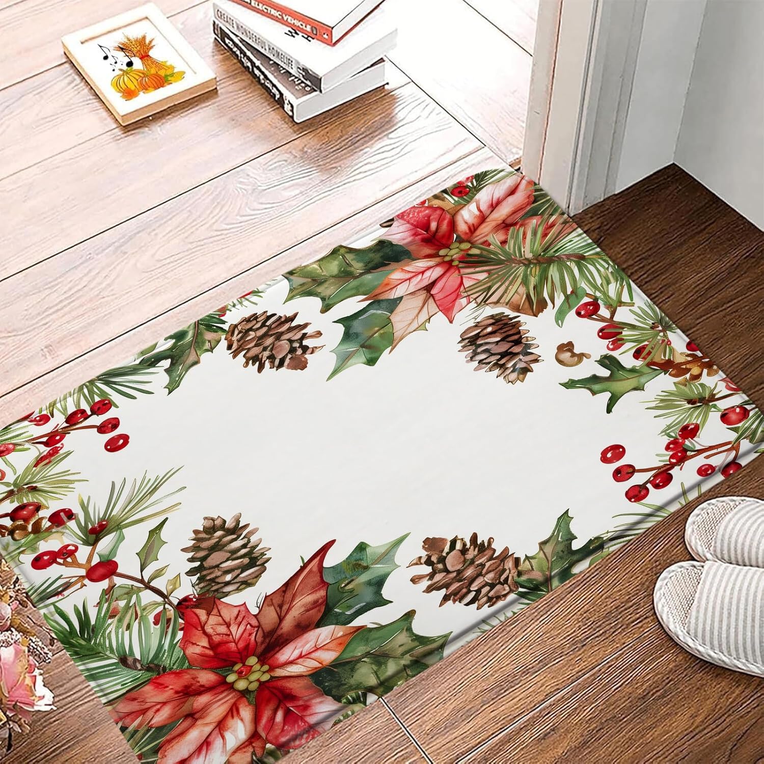 GCTNBJL Christmas Bath Mat Poinsettia Flower Red Berry Green Leaves Floral Rustic Winter Holiday Merry Christmas Bathroom Floor Decor Rug for Shower Buthtub,24x60 Inch