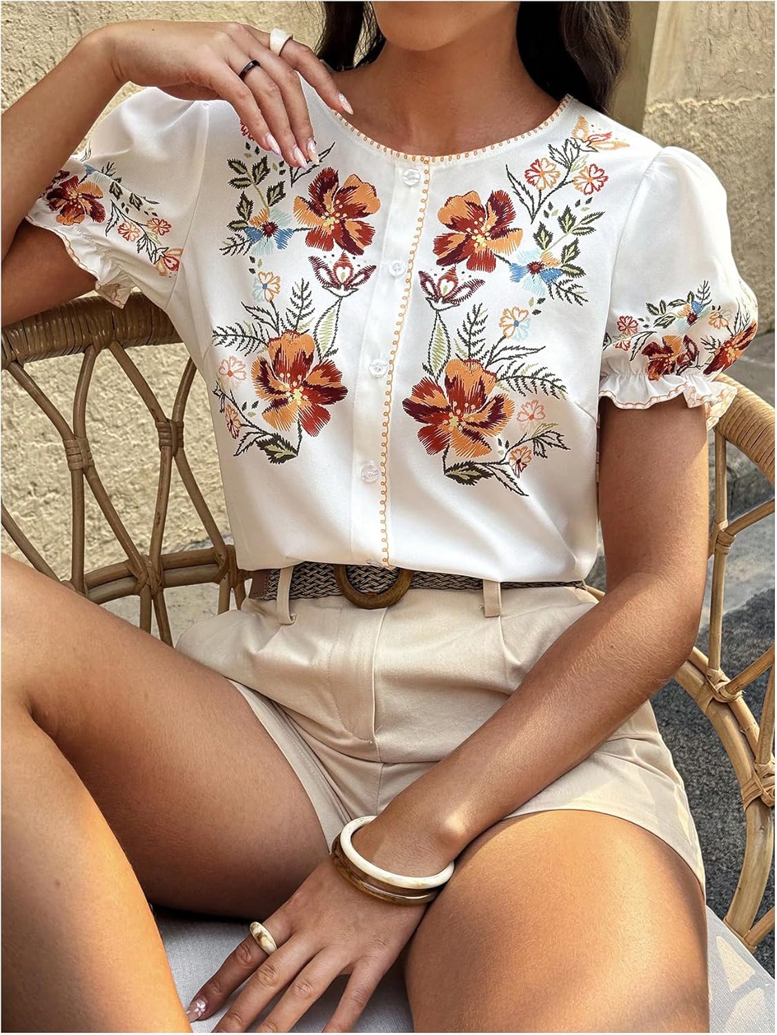 Floerns Women's Floral Puff Sleeve Shirts Crew Neck Button Down Vacation Blouse Tops - Image 2