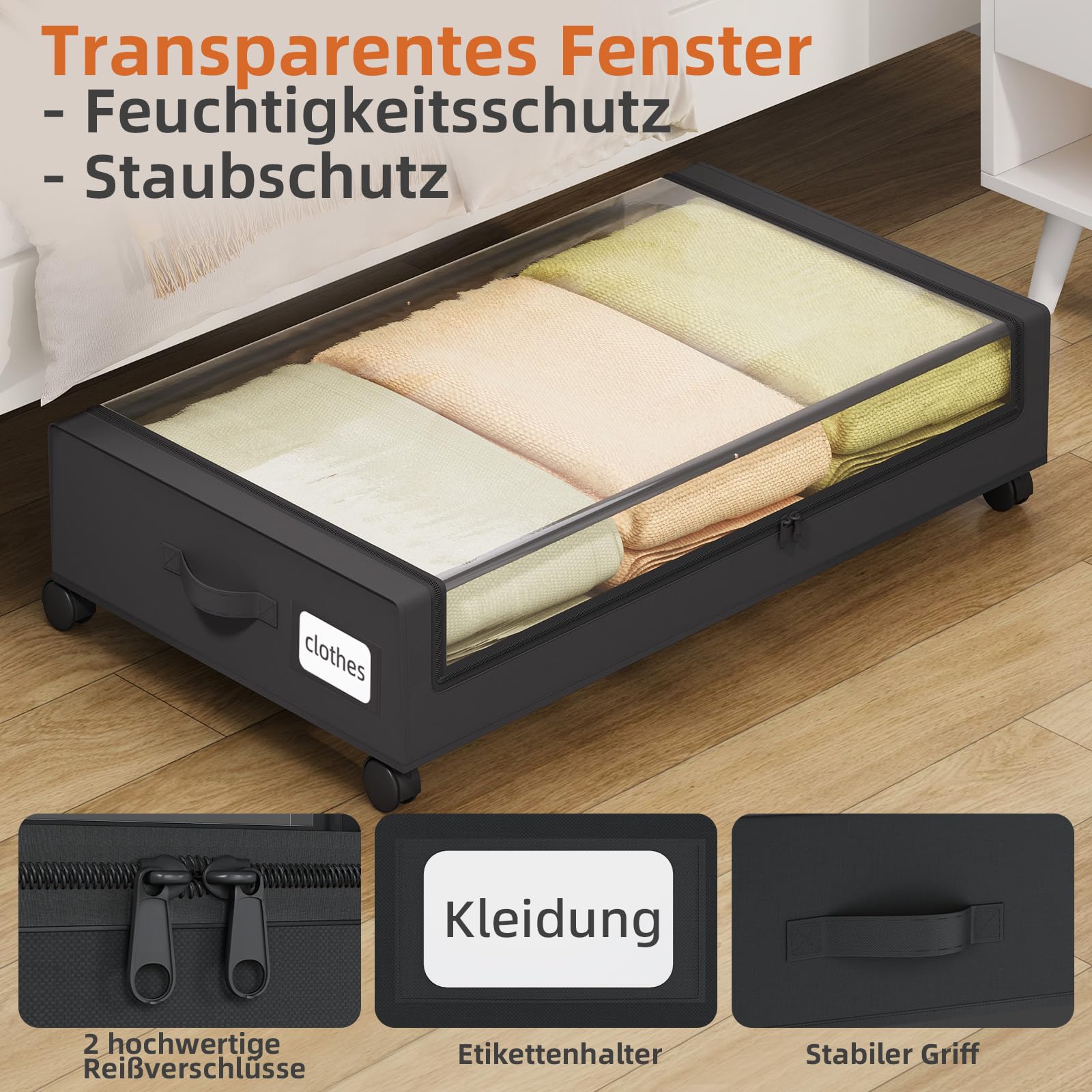 Somdot Unterbett Aufbewahrungsbox mit Rollen, 48L, 4er-Set, Schwarz | Bettkasten, Unterbettkommode mit Rollen, Sichtfenster, Großer Stauraum für Schuhe, Kleidung, 43,5T x 78,5B x 17H