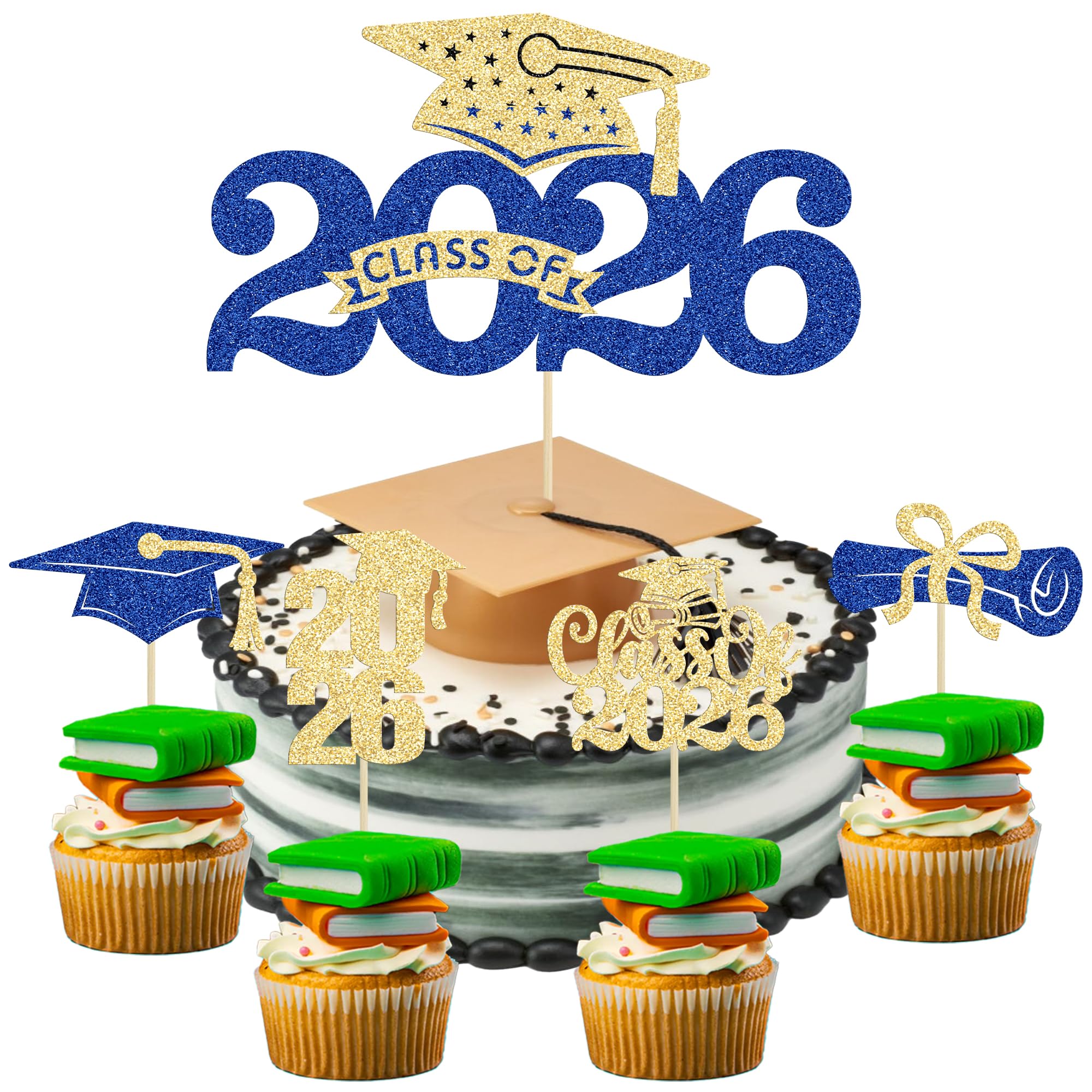 Ephlyn 25Pcs Class of 2026 Cake Topper Glitter Congrats Grad Cap 2026 Graduation Cake Pick for 2026 Graduation Theme High School Boys Girls Grad Party