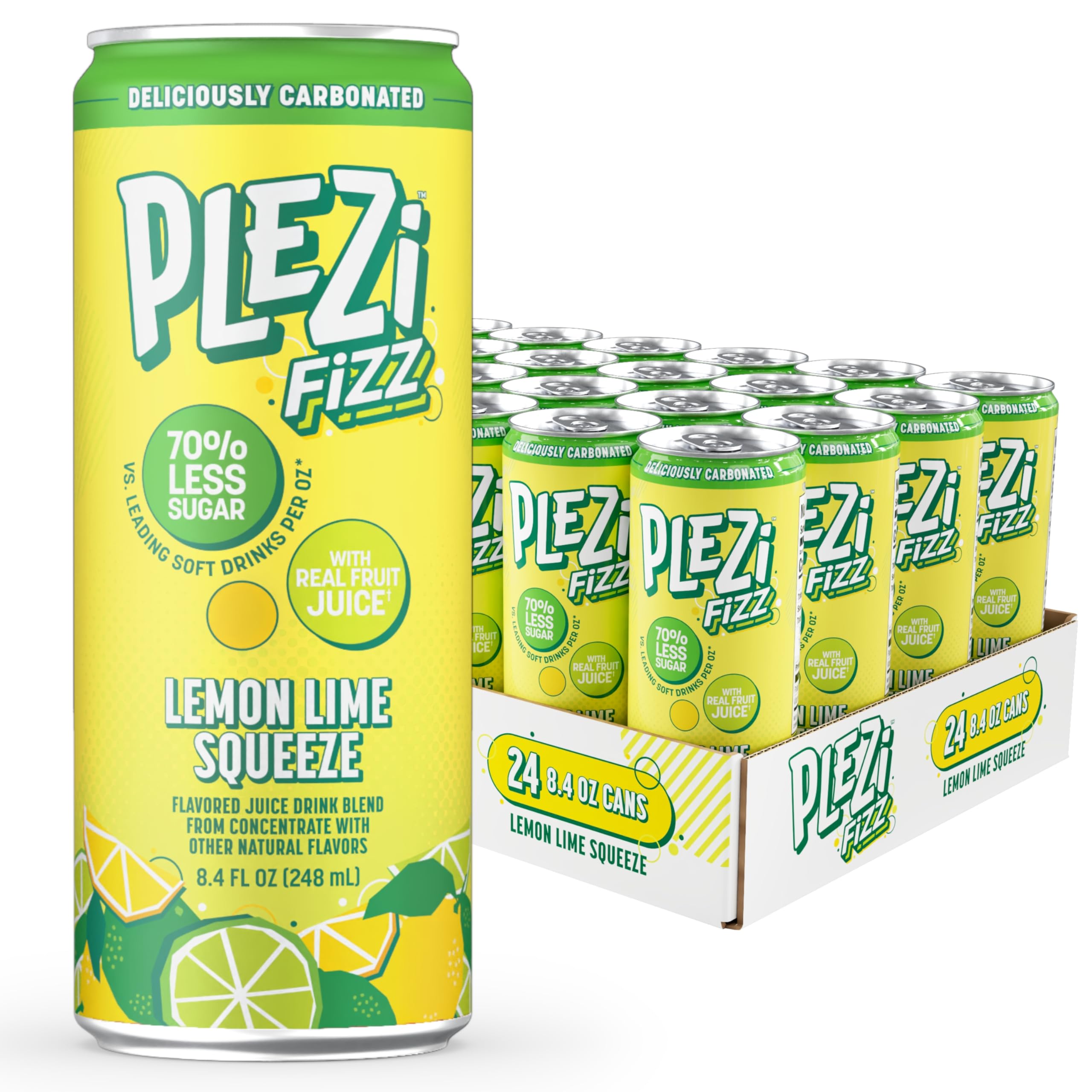 PleziFiZZ Carbonated Juice Drink - with Real Fruit Juice - 70% Less Sugar - Plus Vitamin C and Fiber - Low-Sugar Bubbly Beverages for Kids - Great Soda Replacement - Lemon Lime Squeeze (8.4 fl oz)