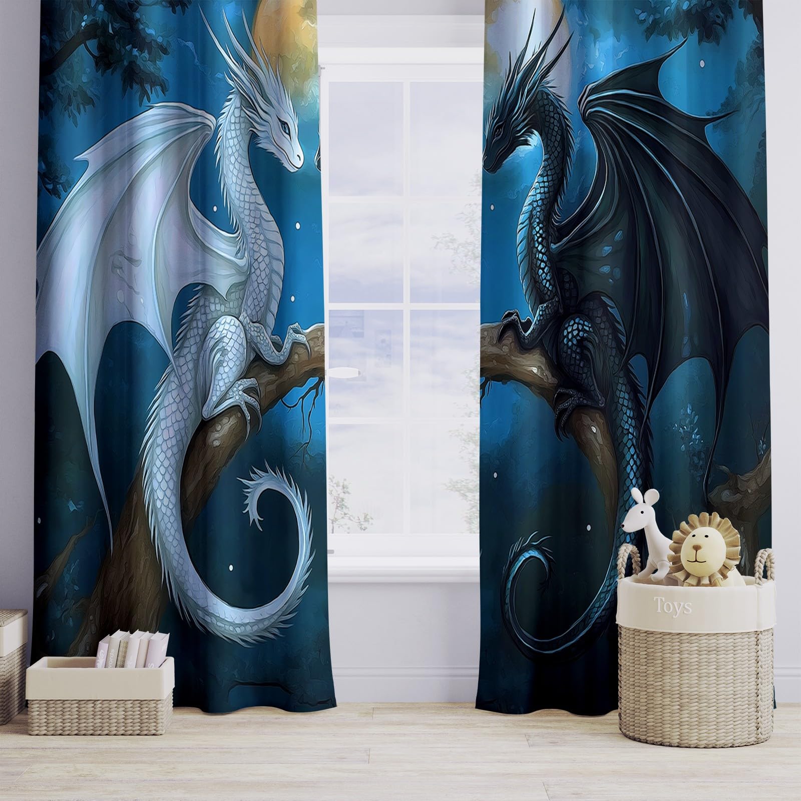 214 x 91.5 cm Vorhang Blickdicht 2er Set Himmelblau, Fantasy-Spiel Drache Gardinen Ösen Abdunkelnde Vorhänge Wohnzimmer Schlafzimmer, Fenster Gardine Verdunkelung Thermovorhang Hitzeschutz