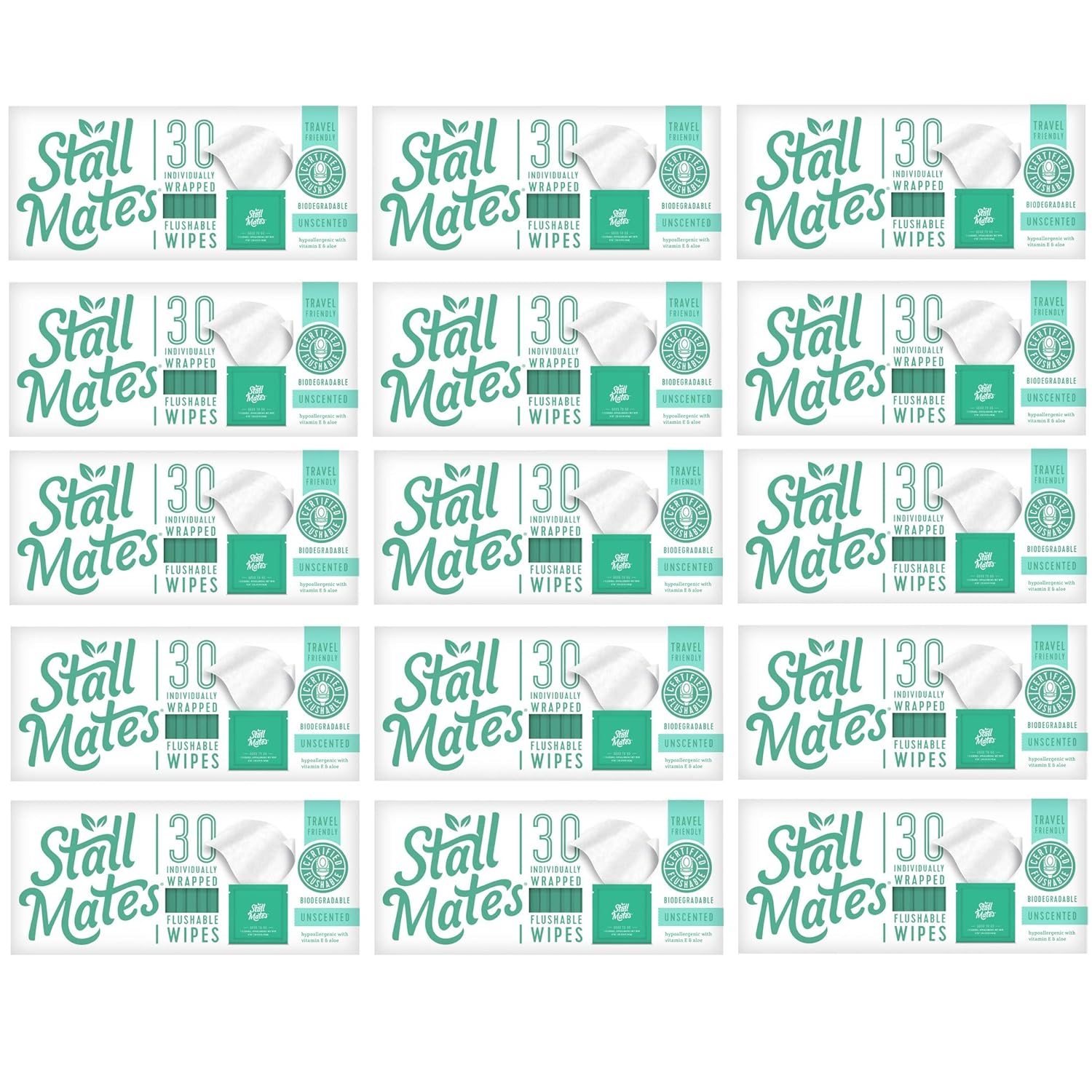 Stall Mates Flushable, individually wrapped wipes for travel. (15