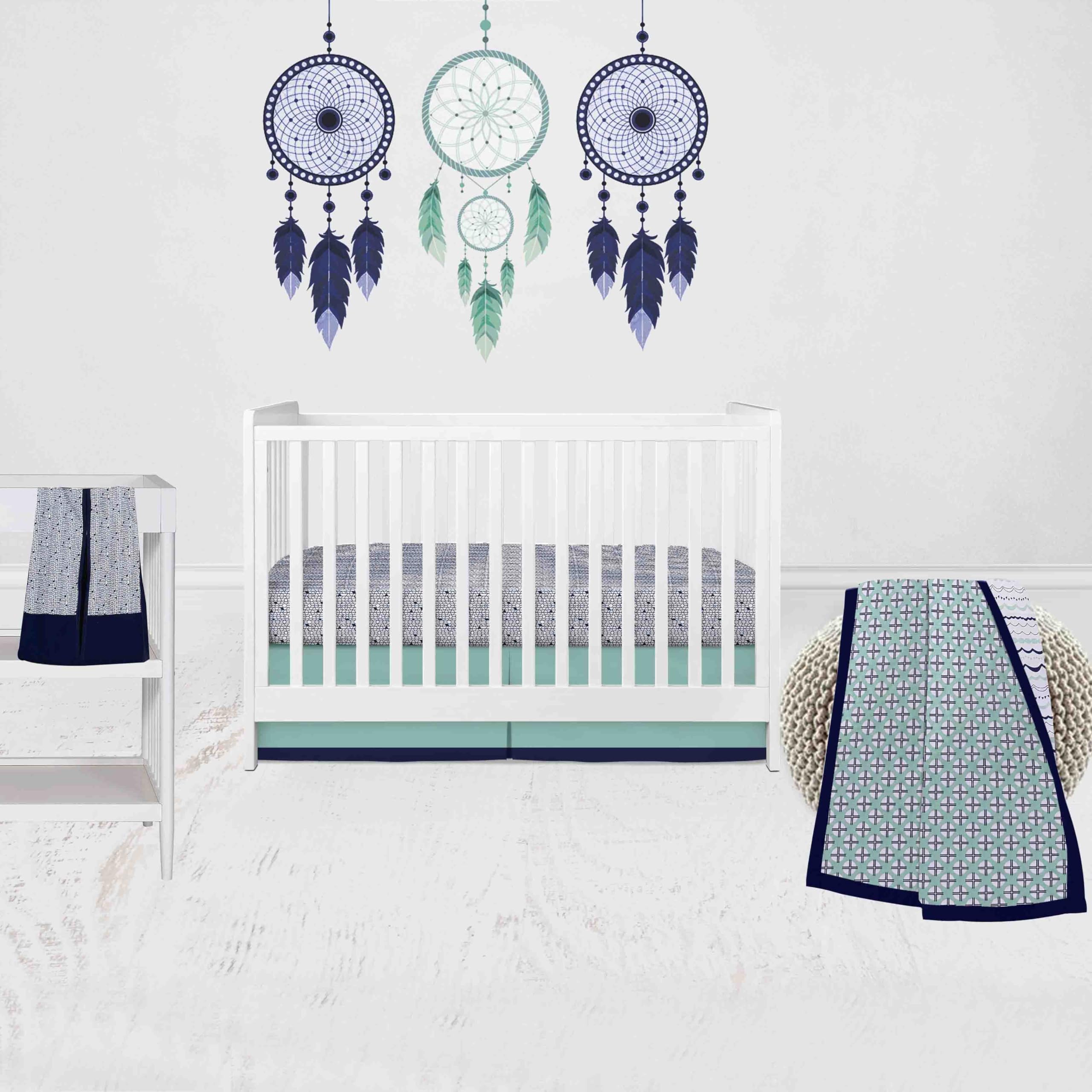 Bacati - Noah Mint Navy 4 Piece Crib Bedding Set with Diaper Caddy