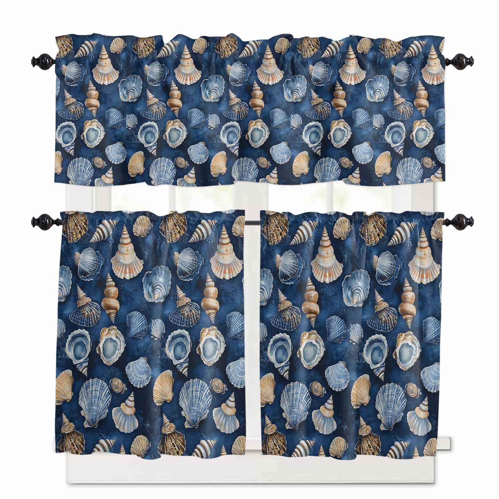 Navy Blue Coastal Kitchen Curtains 36 Inch Length, 3 Piece Rod Pocket Small Half Tiers and Valance Set, Nautical Summer Beach Shell Conch Small Large Window Treatment Decor for Bedroom/Bathroom Sink