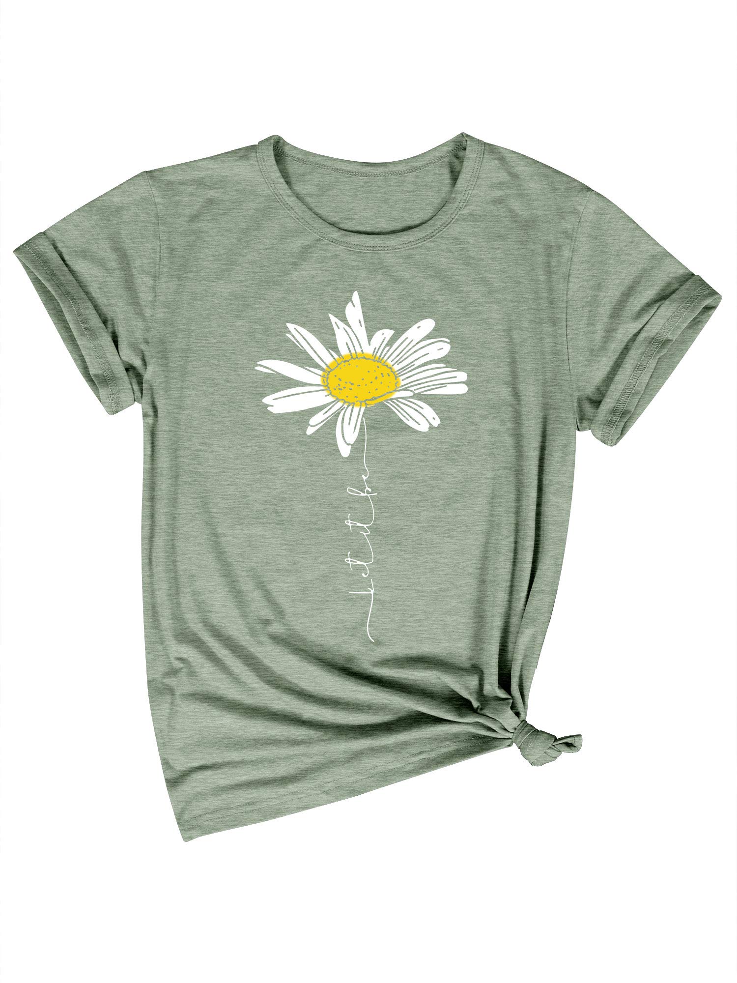 DresswelWomen Let It Be T Shirt Daisy Flower Graphic Print T-Shirt Crew Neck Short Sleeve Tee Tops