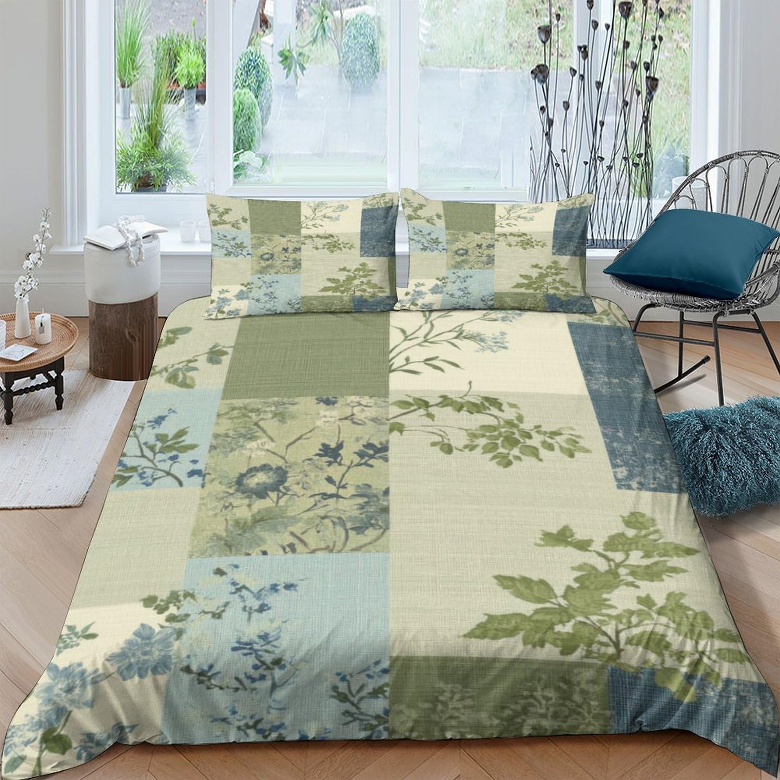 Ctjqhvkz Style-8 3D Printed Green Botanical Patchwork Fitted Sheet Microfiber Soft Floral Mattress Cover For Bedroom Guest Room Easy Care Single（135X200cm）