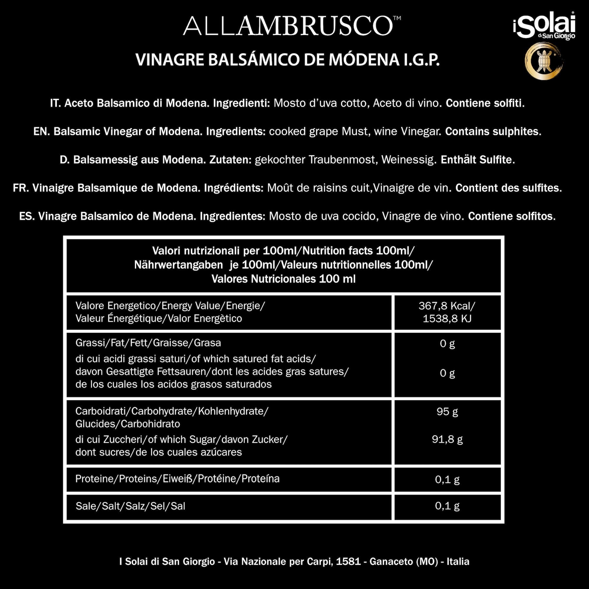 I Solai Di San Giorgio, Vinagre Balsámico de Módena I.G.P. Monovarietal Allambrusco, Elaborado con Uvas 100% Italianas, Ideal para Aliñar Carnes Rojas, Quesos Maduros, Pescado Crudo, Verduras, 250 ml
