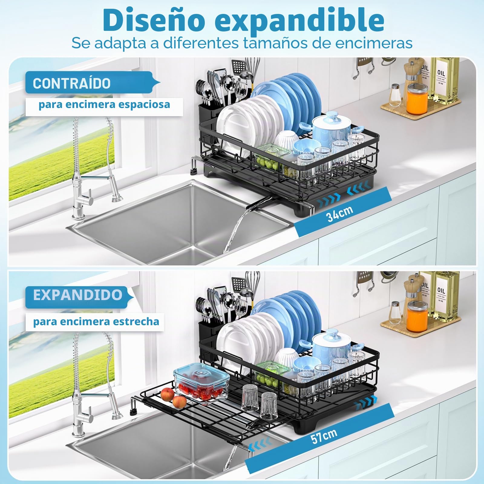 Escurreplatos Extensible, Escurridor de Platos con Soporte para Utensilios, Estante de Secado con Caño de Drenaje y Bandeja de Goteo para Encimera de Cocina, Negro