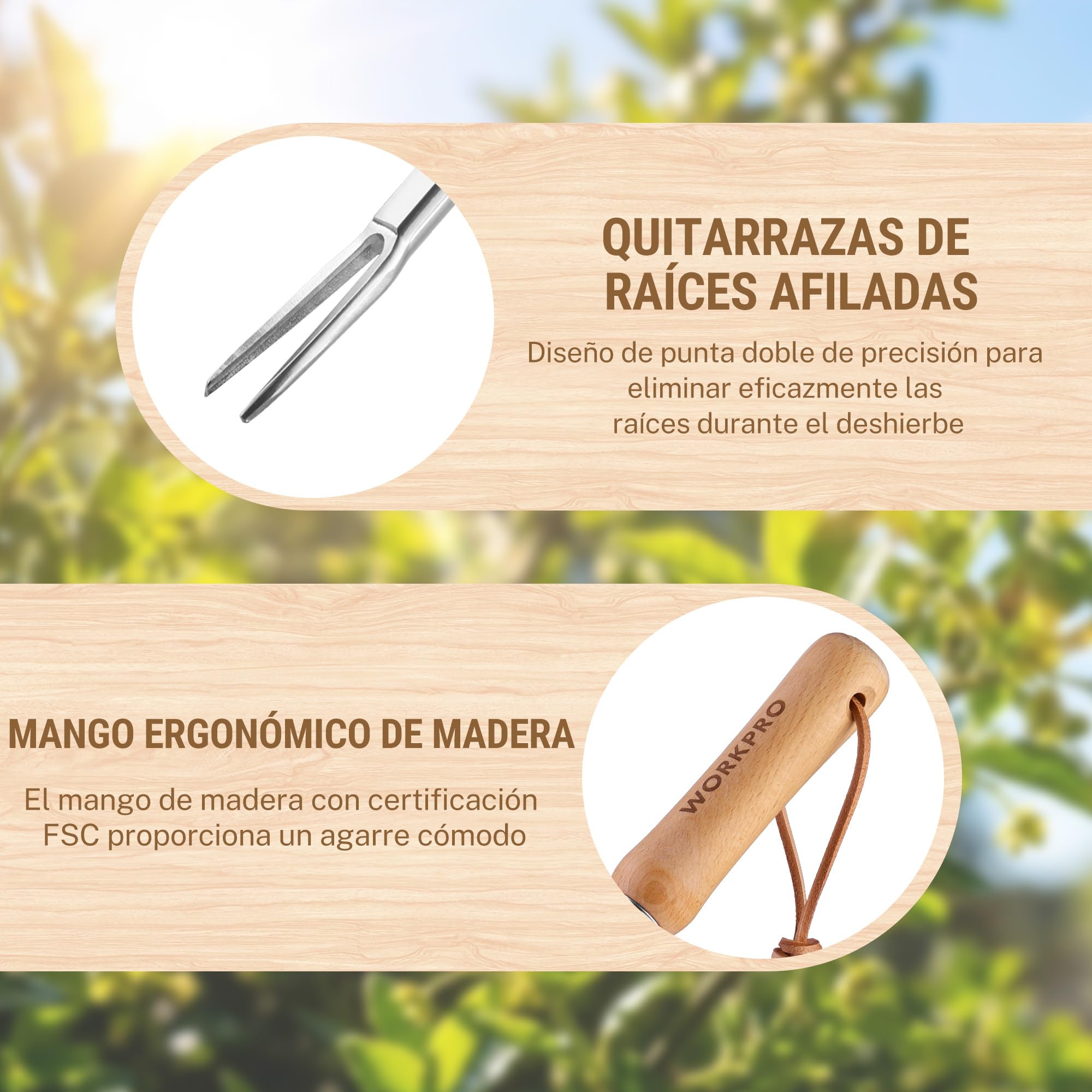 WORKPRO Desherbador Manual de Acero Inoxidable, Extractor de Malas Hierbas con Mango de Madera Ergonómico, Herramienta Quitahierbas para Jardín, para Quitar Dientes de León, Cardos y Otras Malezas
