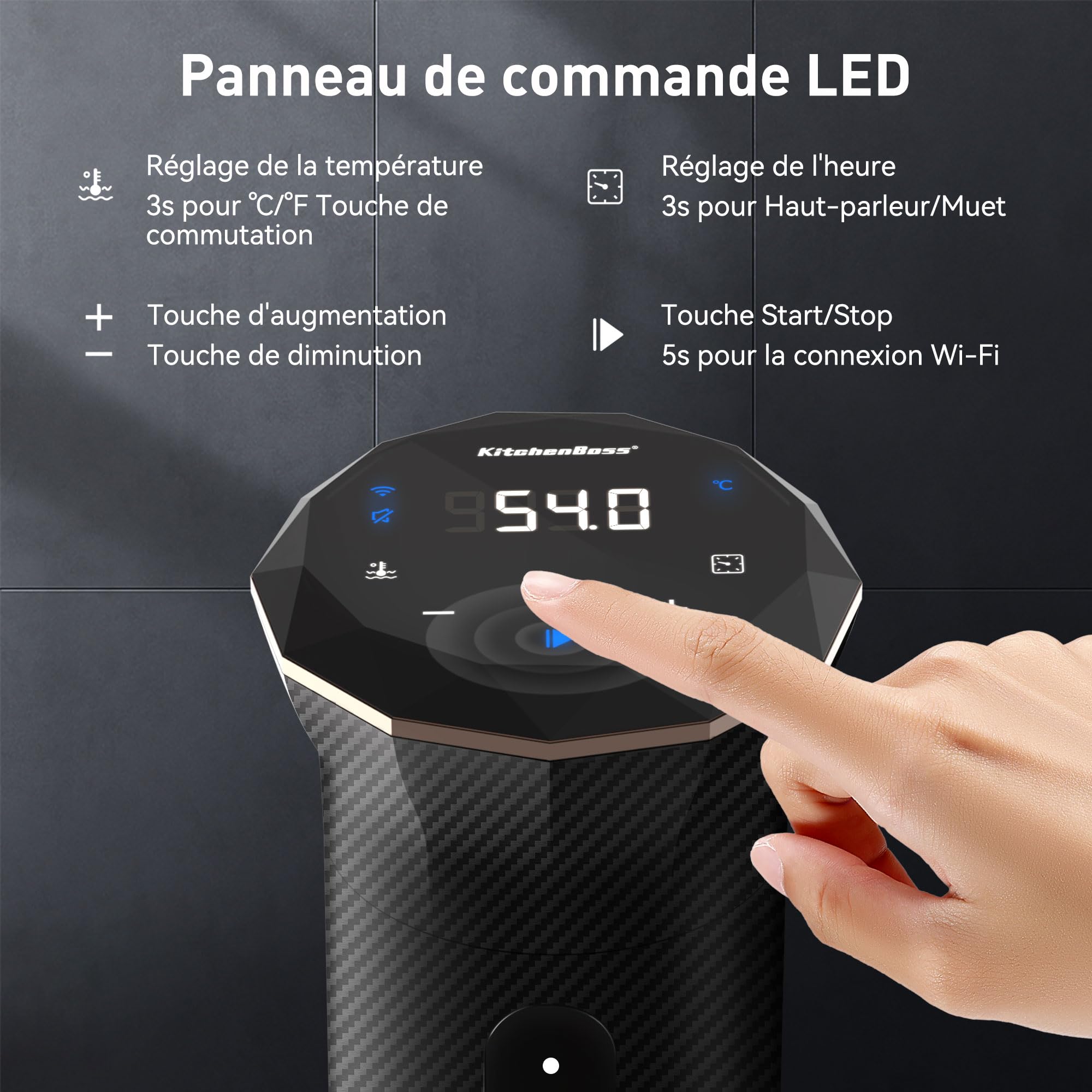 KitchenBoss Thermoplongeur Cuisson Sous Vide WiFi: Cuisson Sous Vide de Contrôle Précis de la Température, Cuisinière Thermostat Réglable, APP Contrôle, IPX7 Imperméable, LED Display Silencieux 1100W