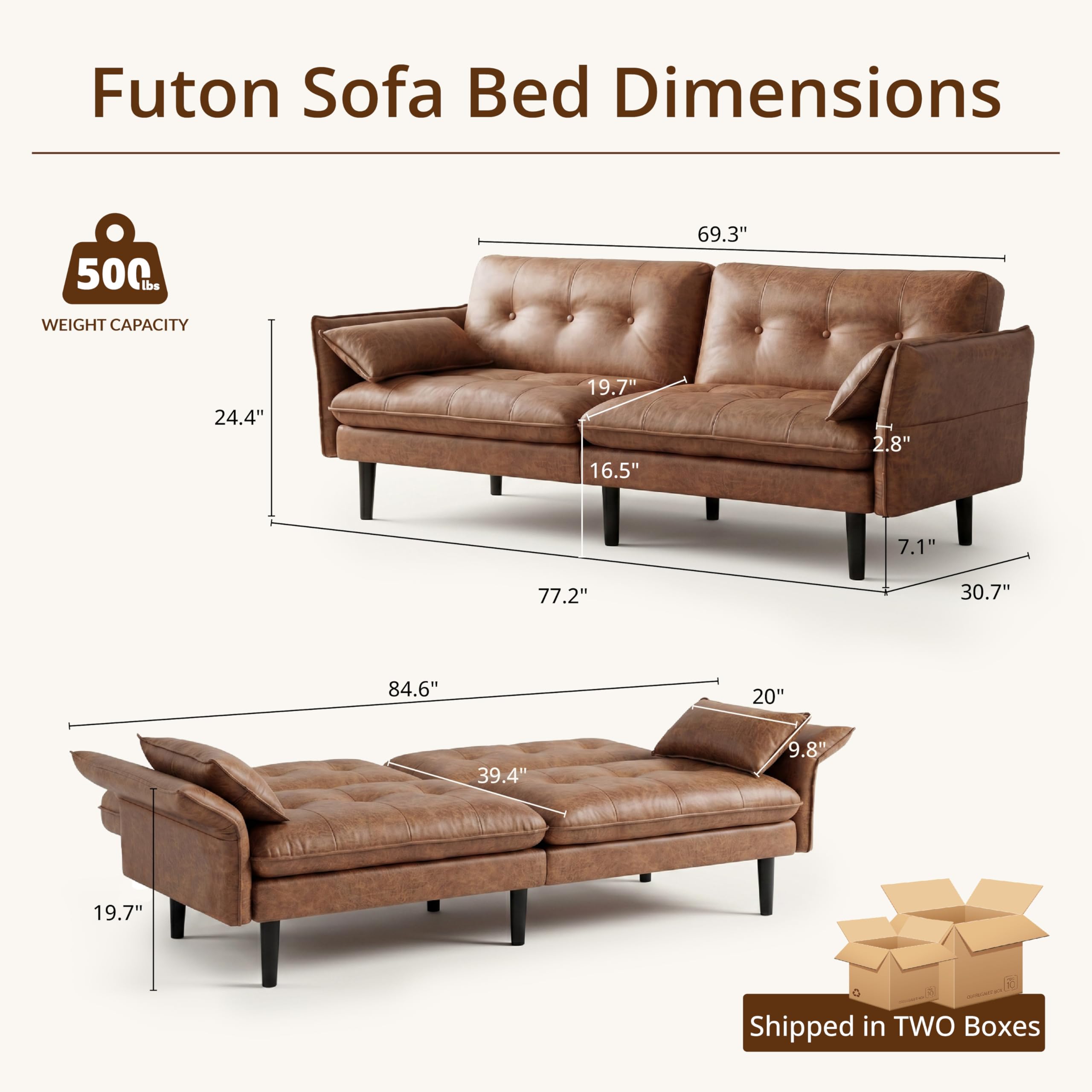 Faux Leather Futon Sofa Bed, Convertible Sleeper Sofa Couch | Leather Couch with Adjustable Backrest and Armrests, Sleeper Sofa for Living Room, Bedroom, Office, Camel(Brown)