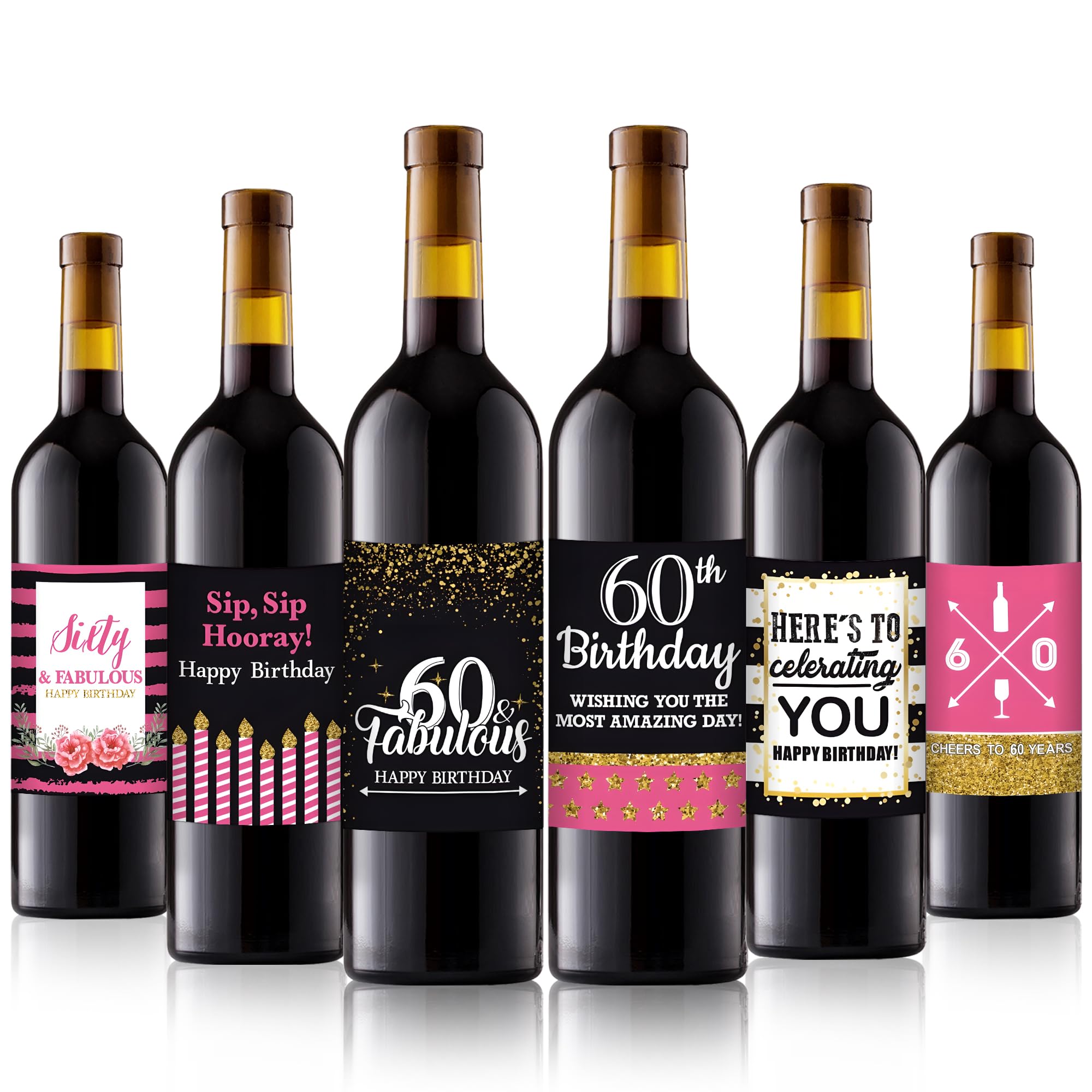 Liobelon 24 Pieces 60th Birthday Wine Bottle Labels Stickers Happy 60th Birthday Party Decorations Women Wine Bottle Stickers Black Gold and Pink 60th Birthday Gifts for Women Wine Bottle Label (60th)