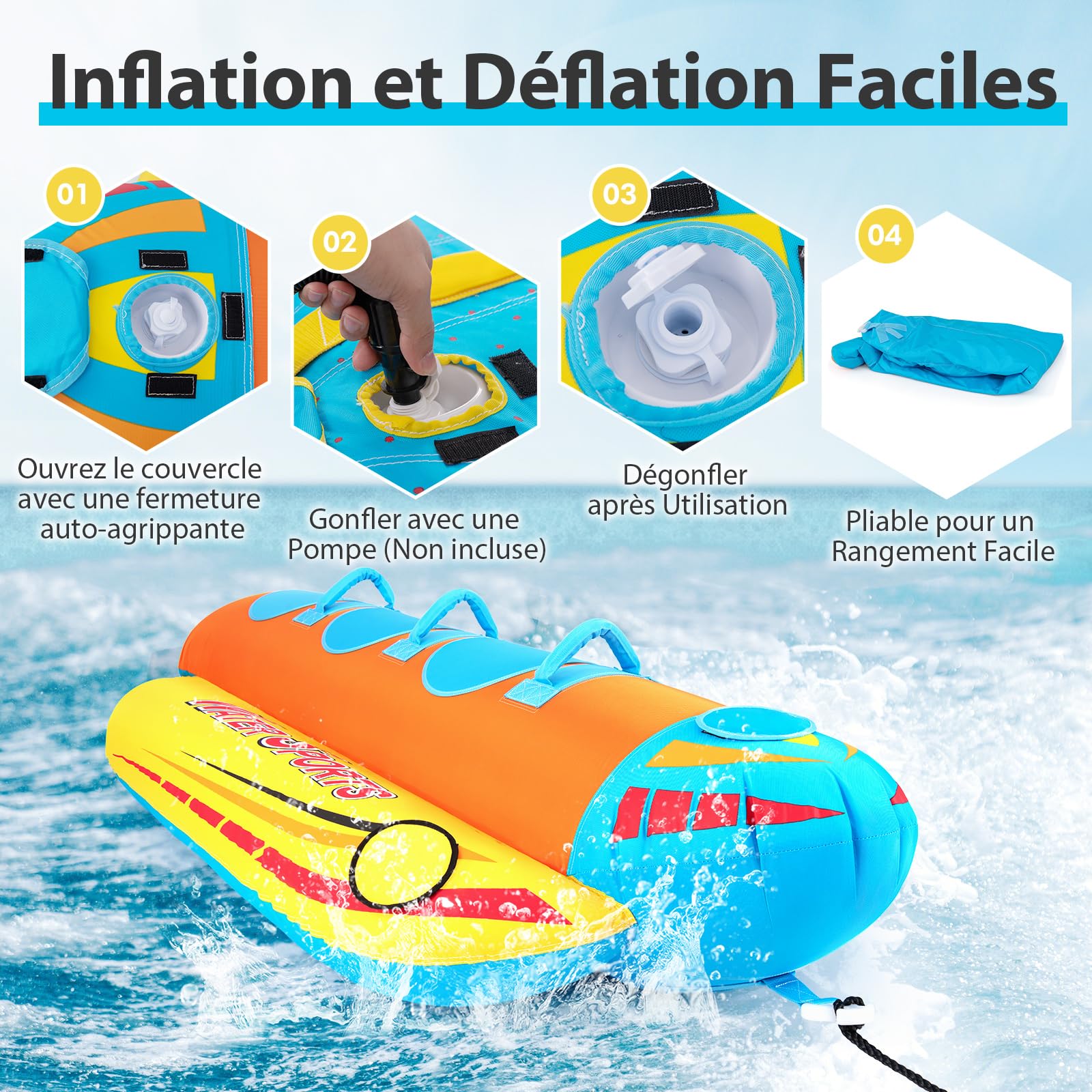 COSTWAY Bateau Banane Gonflable pour 1 à 3 Passagers Charge 231KG, Flotteur Gonflable Remorquable avec 3 Sièges et Poignées Rembourrés en EVA, pour Navigation de Plaisance