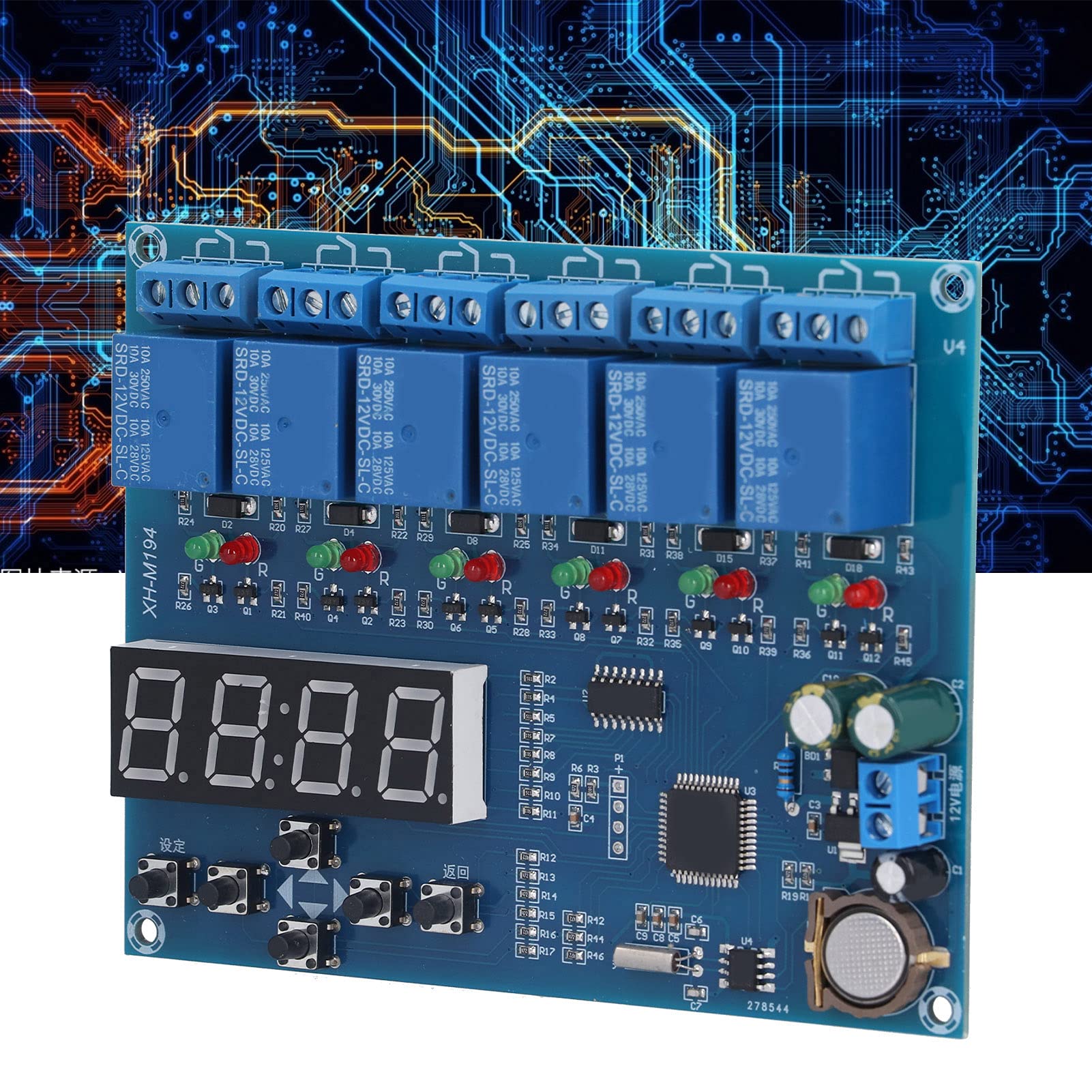 Relè temporizzato a 5 canali Modulo di temporizzazione multicanale Temporizzatore programmabile durevole per controllo motore Controllo pompa acqua AC DC 12V PCB