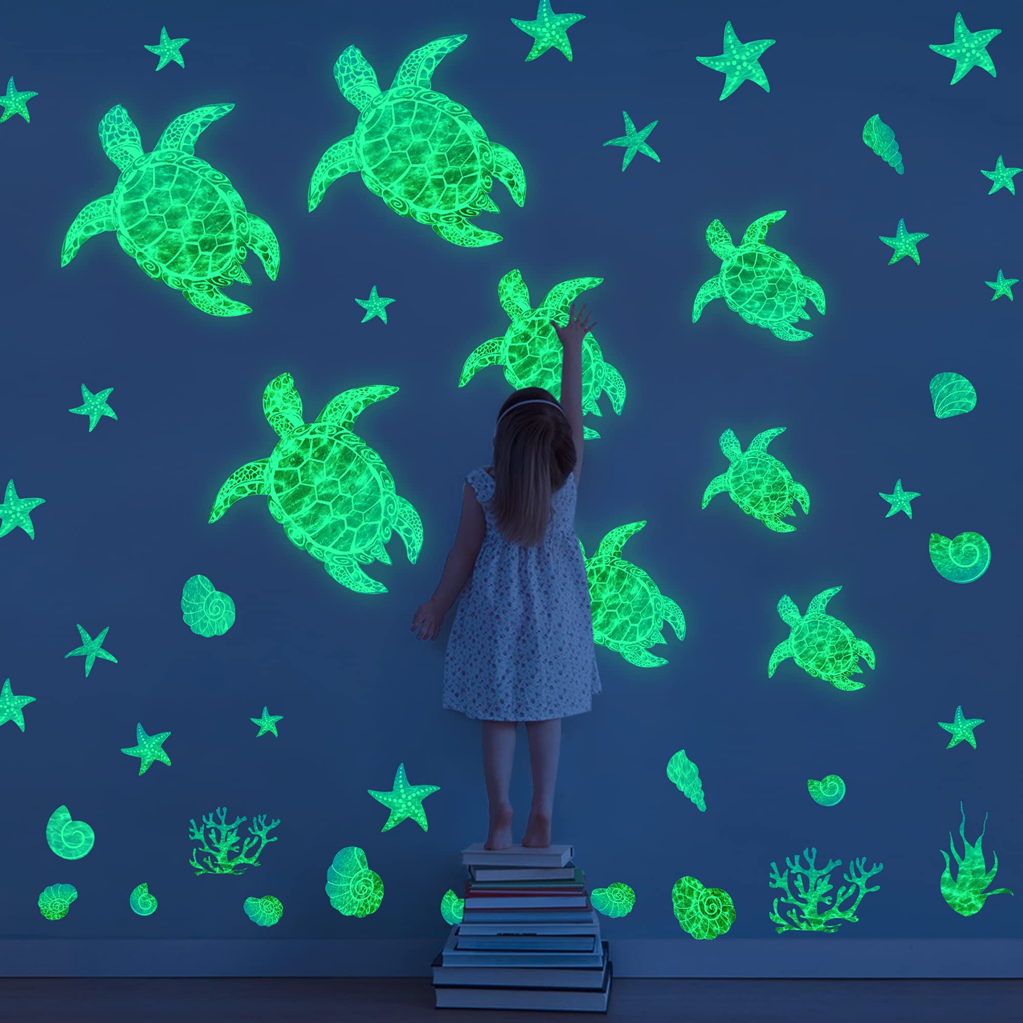 Glow In The Dark Sea Wall Decals - Removable Ocean Stickers With Turtles, Jellyfish For Kids Bedroom & Bathroom