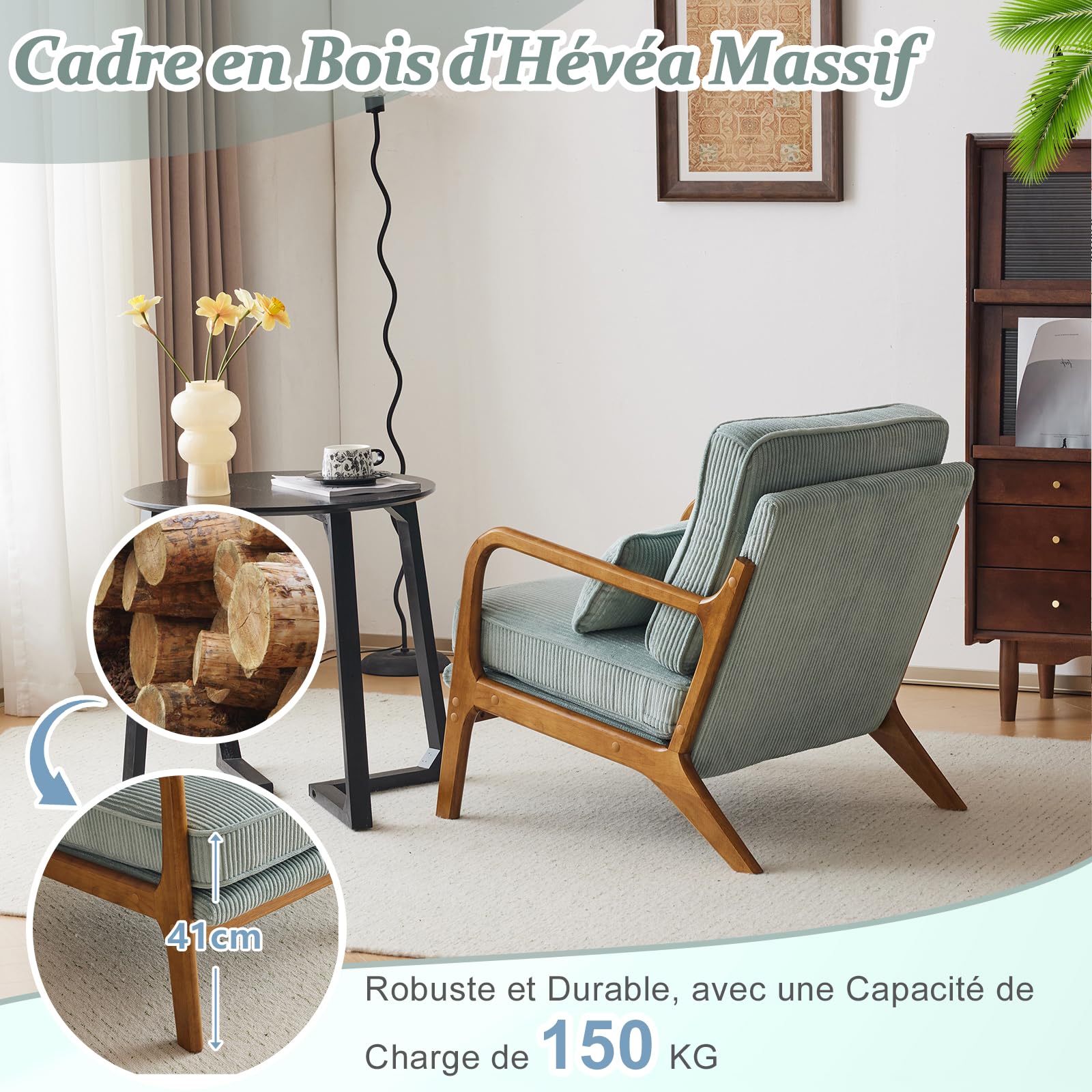 Bonnlo Poltrona Salotto in Legno e Velluto a Coste 65 x 82 x 75cm, Poltroncina Camera da Letto con Braccioli Curvi e Cuscino Lombare, Lounge Chair Design da Lettura e Soggiorno (Azzurro Grigio)