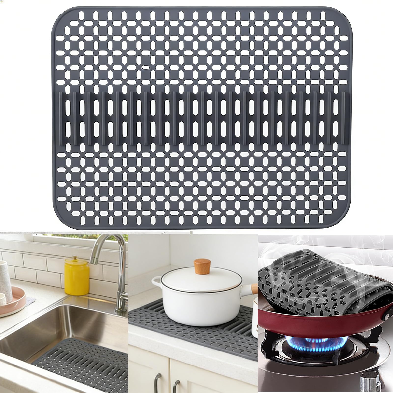 Tapis D'évier de Cuisine en Silicone Protecteur D'évier Pliable Résistant à La Chaleur, Tapis Fond Evier Cuisine pour éviers en Acier Inoxydable/Céramique, Gris Foncé, 43 x 32 cm