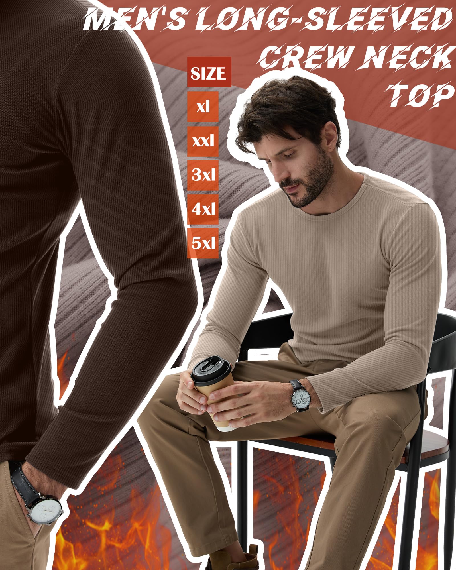Neer Confezione da 4 magliette termiche a maniche lunghe da uomo, grandi e alte, in cotone, a costine, girocollo, vestibilità aderente, magliette intime