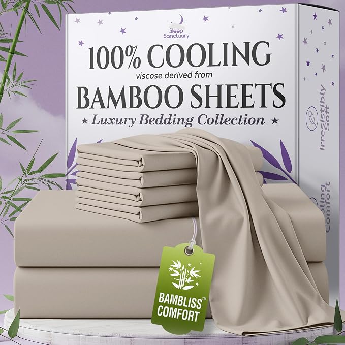 SLEEP SANCTUARY 100% Viscose Derived from Bamboo Sheets King Size 6pcs – BamBliss Luxury Cooling Sheets for Hot Sleepers - Cloud Soft, 17" Deep Pocket, Ultra Durable Bed Set (White)