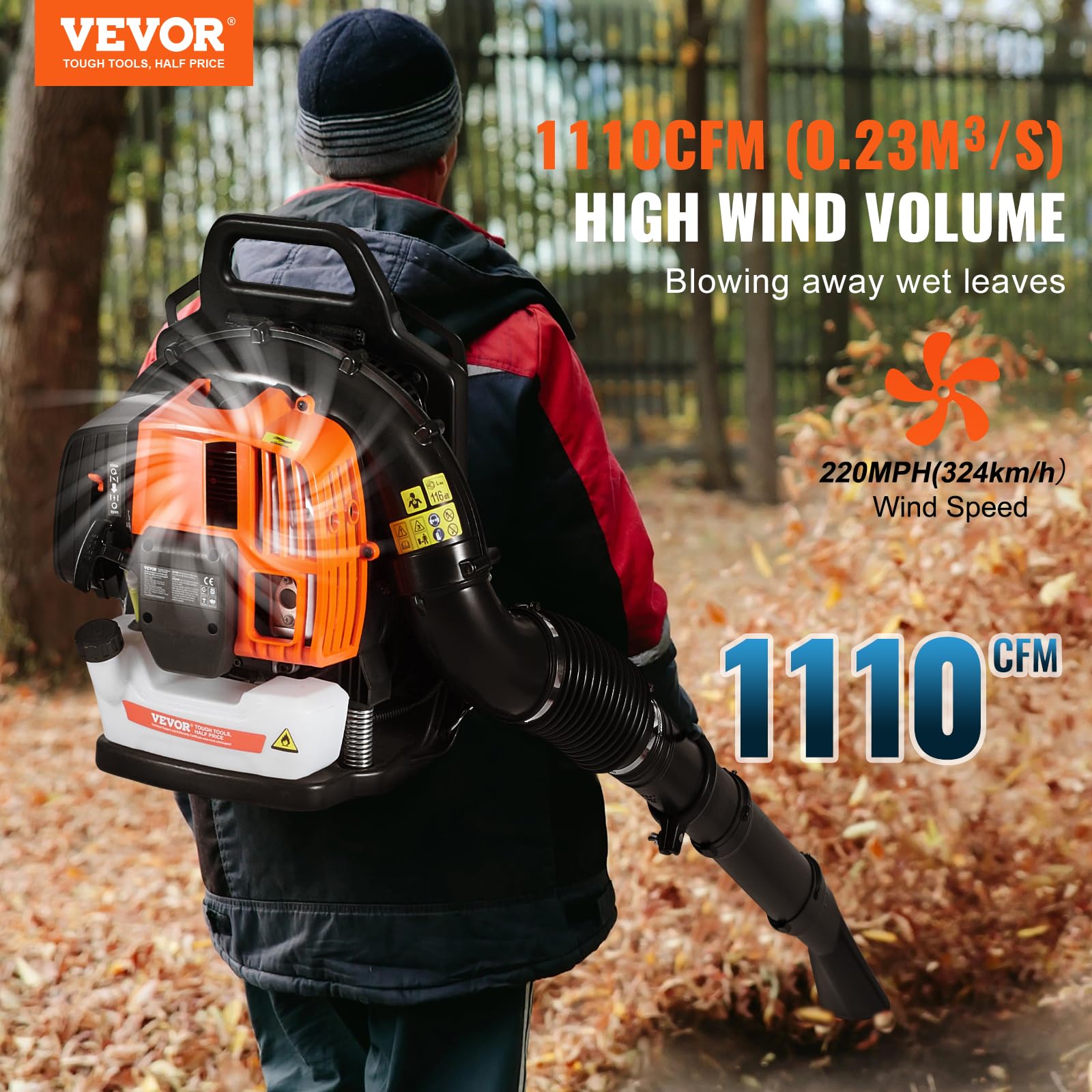VEVOR Soplador de Hojas de Mochila, Soplador de Hojas de Gas de 2 Ciclos de 63 CC con Tanque de Combustible de 1,89 L, Volumen de Aire de 1110 CFM, Velocidad de 220 mph, para el Cuidado del Césped