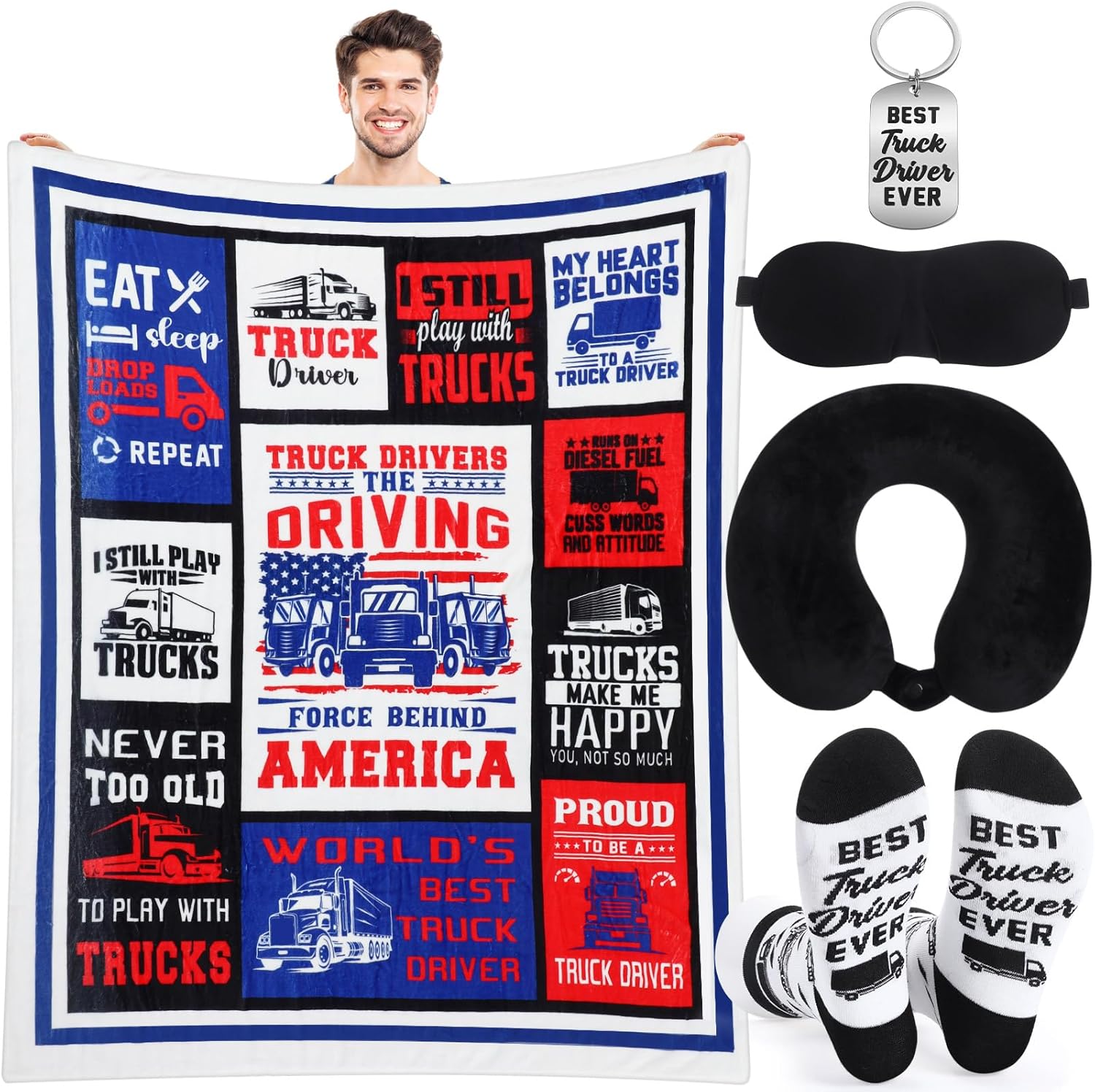 Set Truck Driver Gifts for Men Dad Truck Driver Appreciation Gifts Throw Blanket 60″ x 50″, Pillow, Eye Mask, Cotton Socks and Keychain for Father Day