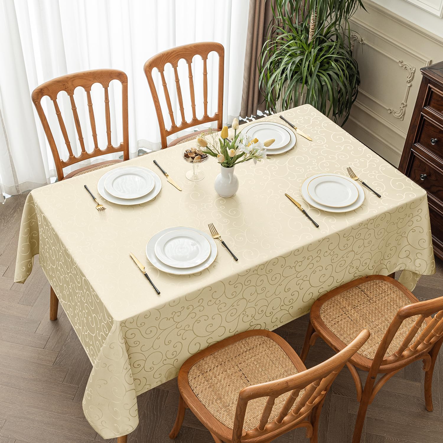 Romanstile Nappe Beige Rectangulaire 150x350 cm Blanche Jacquard Anti Tache, Lavable Décoration de Table pour Printemps, Pâques, Extérieurs, Jardin, Anniversaires, Mariage, Fête, Buffet