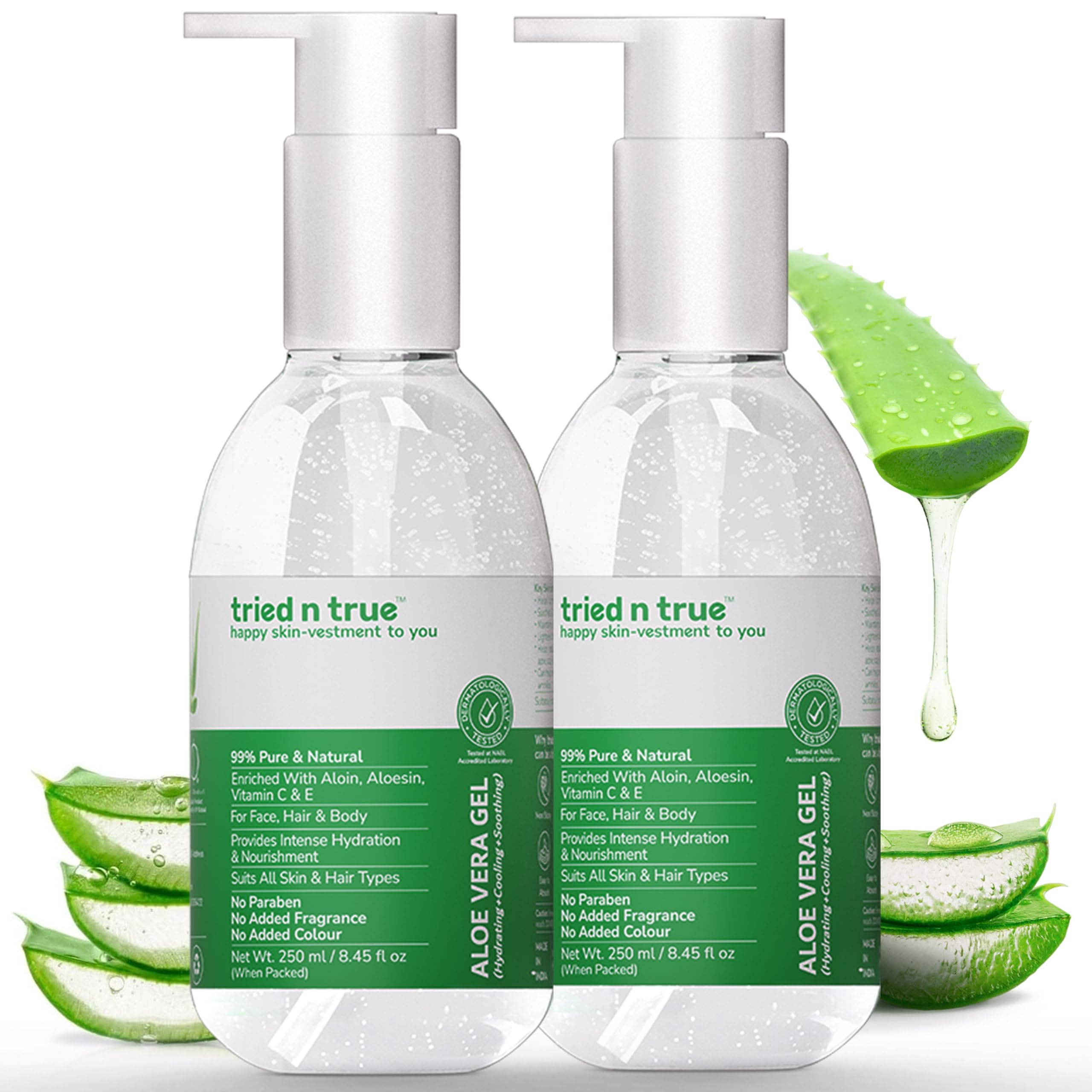 tried n true 99% Pure and Natural Aloe Vera Gel Combo Pack of 2 For Face, Skin and Hair/Hydrating, Cooling and Soothing with Vitamin E and Antioxidants For Men and Women - 250 ml