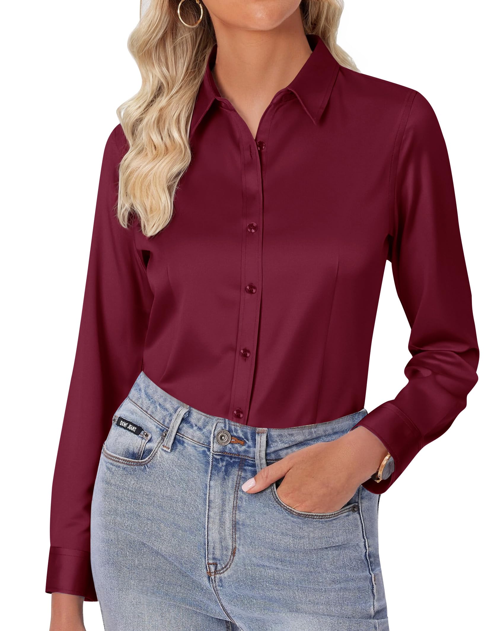 siliteelon Damen Bluse Bügelfrei Regular fit Oberhemden Frauen Unifarben Stretch Freizeithemden Businesshemd Anzug Hemd