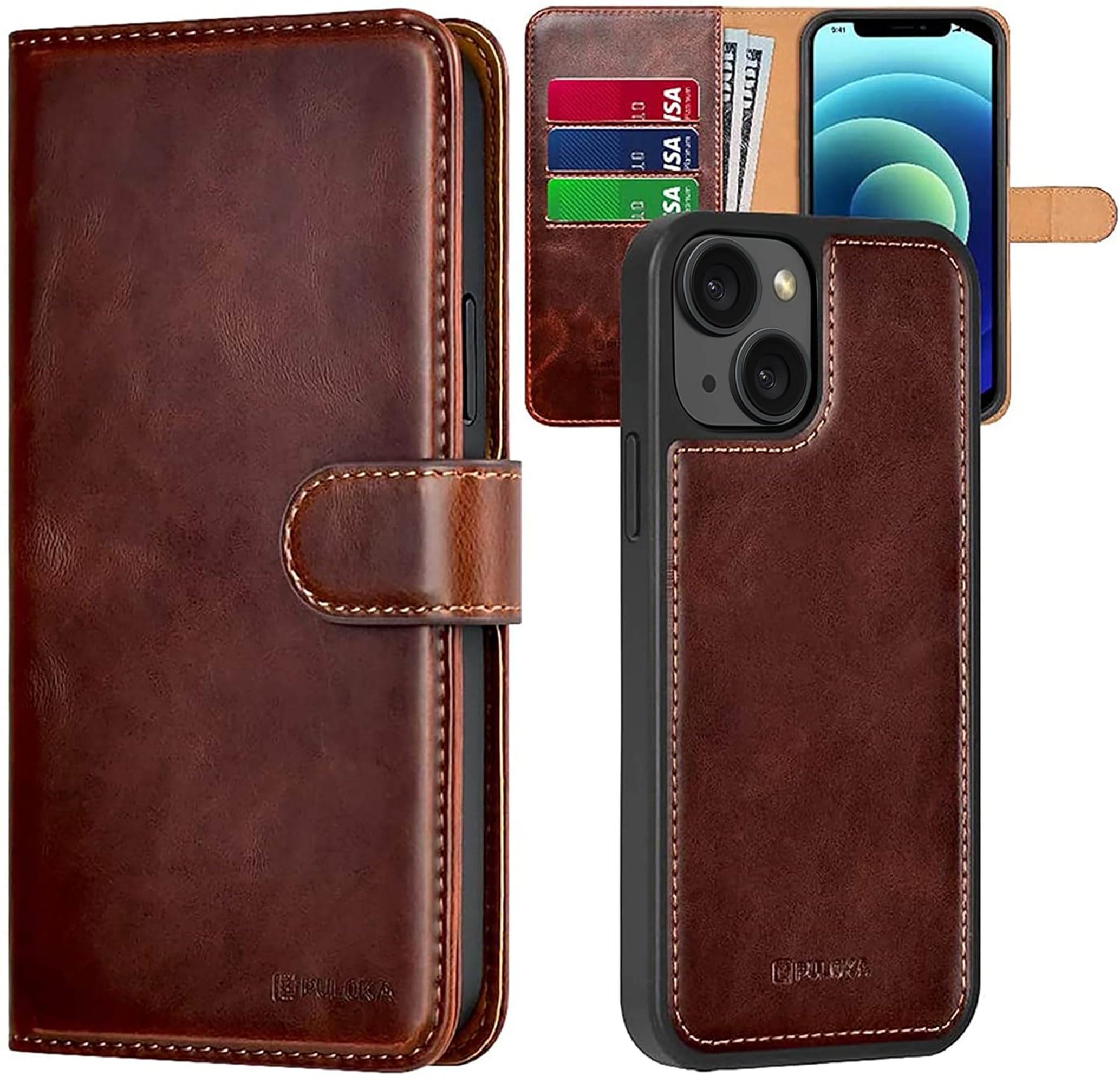 PULOKA - 2 in 1 Flip Cover for iPhone 15 Plus - Protective Case with Card & Cash Pockets - Detachable Flip Case, Kickstand & Magnetic Closure - Profesional & Premium Leather Finish Look -Brown (B0CJ9NBJ3V) Amazon Price History, Amazon Price Tracker