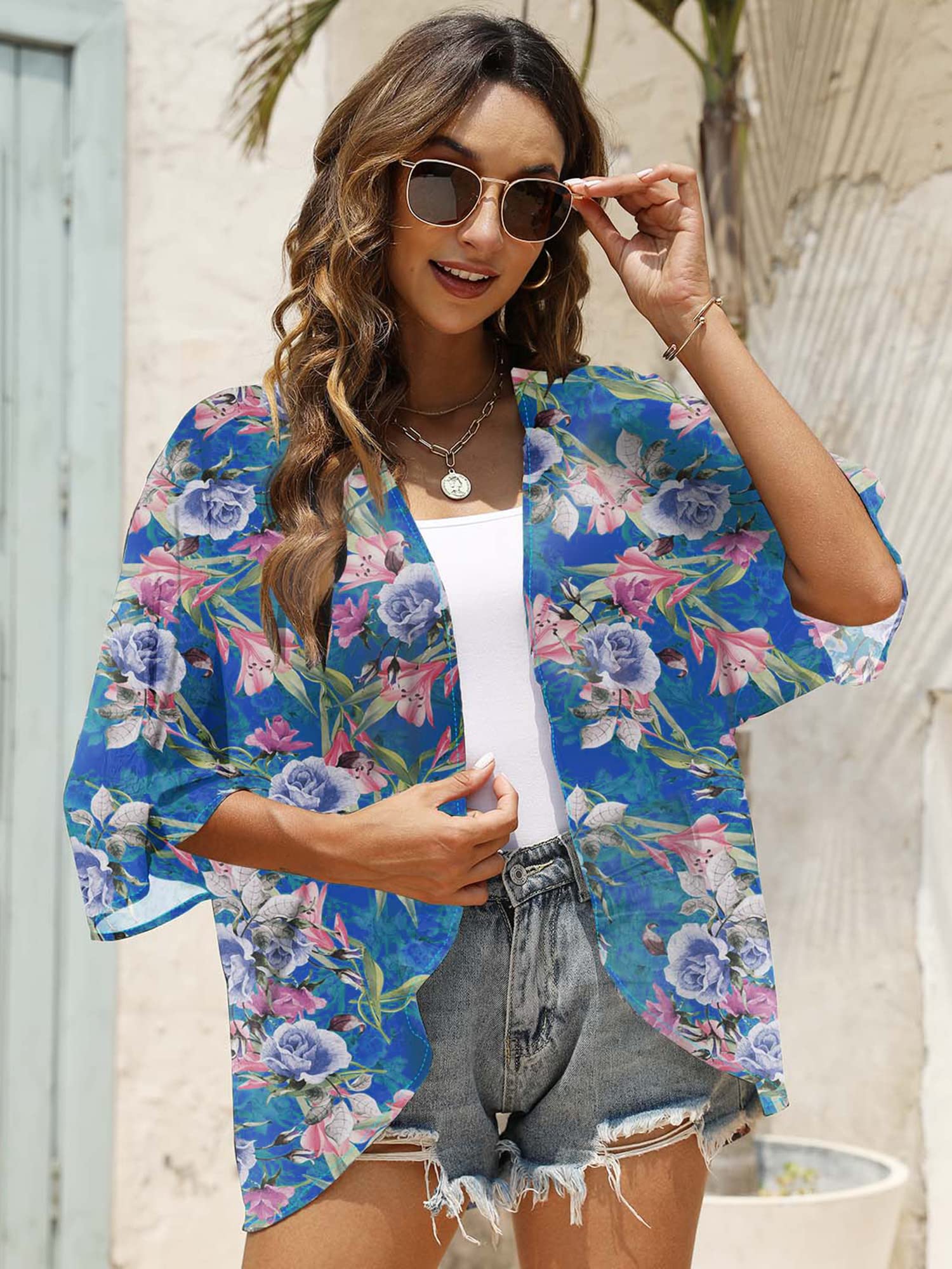 Chunoy Luźna turecka sukienka dla kobiet, luźna, lekka, oversize, kaftan, sukienka plażowa, sukienka maxi, Niebieski, kwiatowy wzór, M