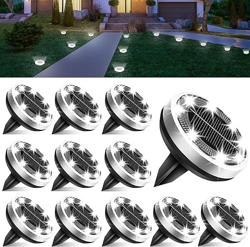 Miniatura 9 de Luces solares impermeables para exteriores, paquete de 12 8 LED, luz de suelo de acero inoxidable grueso, luces solares de jardín, iluminación de