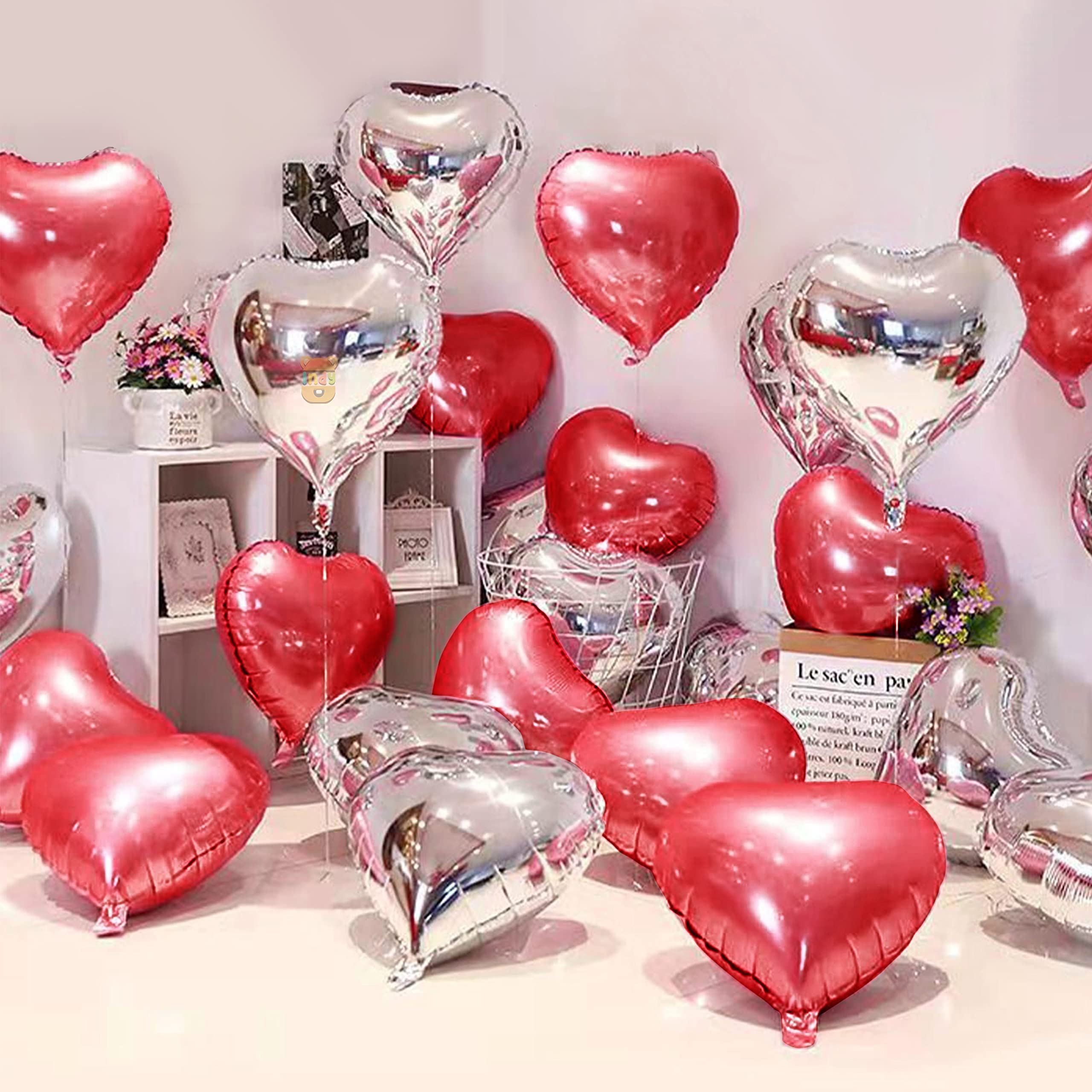 Just Party 5 Pcs Silver & Red 18 Inch Heart Shape Foil Balloons with Shiny Surface For Birthdays/Anniversary/Engagement/Baby Shower/bachelorette Party Decorations (Satin Roll & Straw Included)