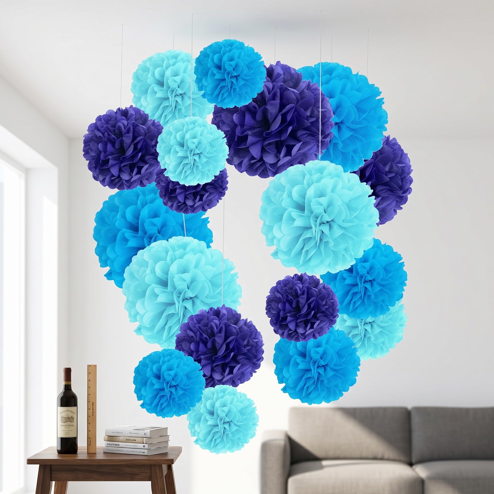 Lurrose 1 lot de pompons en papier de soie bleu : 20 cm, 25 cm et 30 cm. Fleurs en papier à suspendre, pompons pour décorations de fête, anniversaire, baby shower, mariage, décoration de plafond,