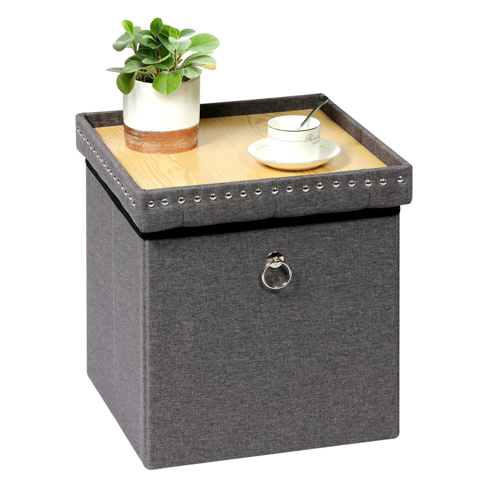 B FSOBEIIALEO Storage Ottoman Cube with Metal Ring Pulls, Foldable Storage Chest Box Storage Ottoman with Tray for Living Room, Linen, Grey, 15.7"x15.7"x15.7"