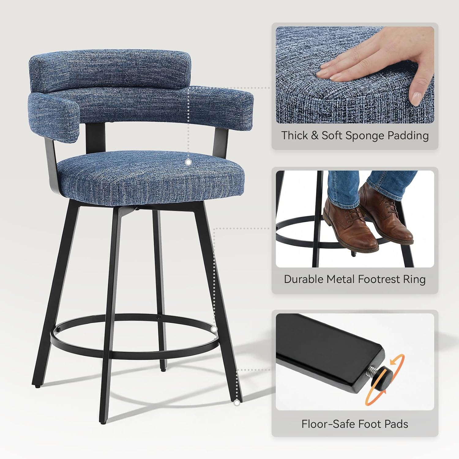 Counter Height Bar Stools with Full Back – Swivel Counter Stools Set of 2 with Linen Padded Back, Metal Footrest, Modern Barstools for Kitchen Counter, Island, Dining Room, Blue 24 inch