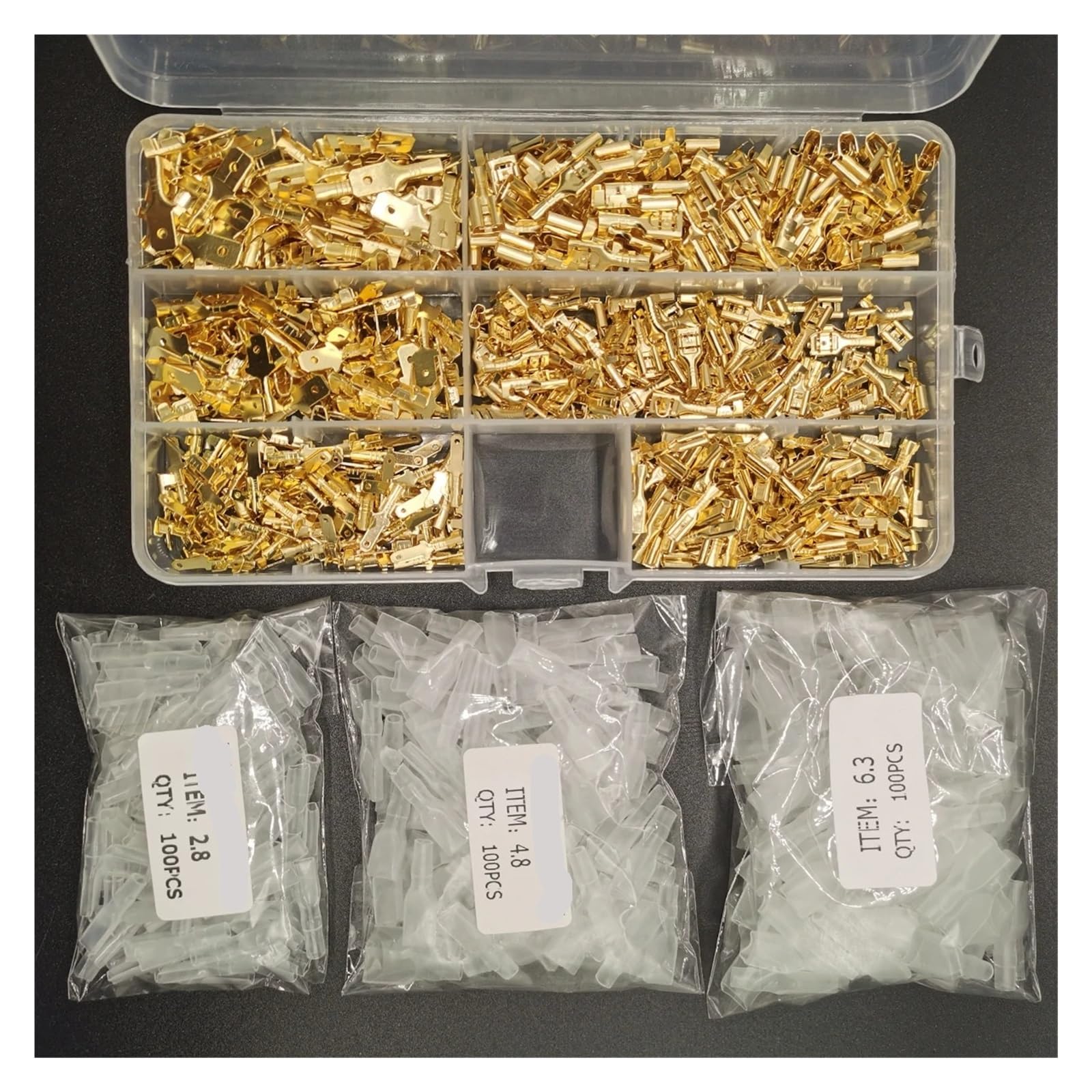 900Pcs Gold 2.8/4.8/6.3mm Male and Female Spade Quick Connectors Wire Crimp Terminal Block with Insulating Sleeve for Electrical(1000PCS)
