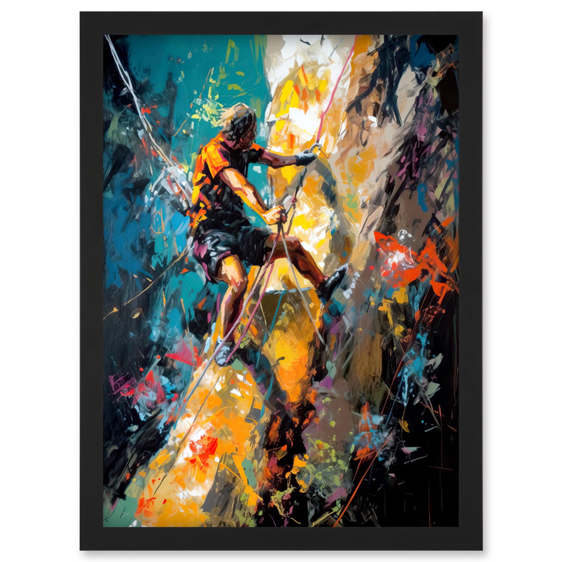 Artery8 Rock Climber Climbing Multicoloured Mountain Cliff Artwork Framed Wall Art Print A4
