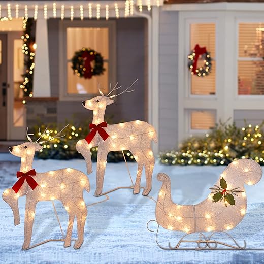 WATERGLIDE Set of 3 Lighted Christmas 2D Reindeers Outdoor Decorations, 23 Inch Pre-Lit Light Up Xmas Rudolph & Santa Sleigh with Lights, Festive Holiday Front Door Garden Patio Yard Lawn Display