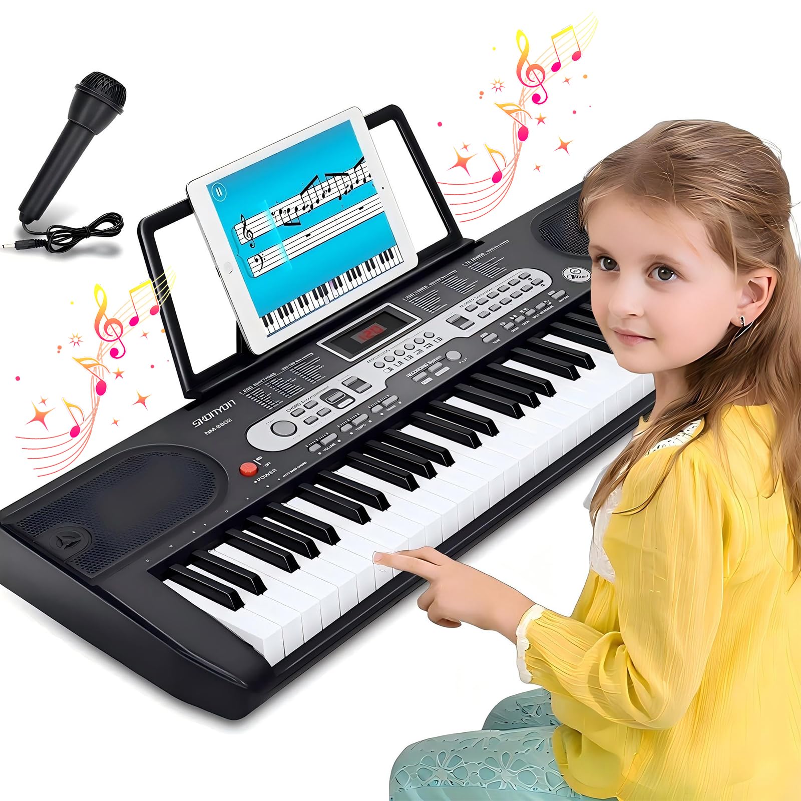 61 Tasten Keyboard Piano für Kinder & Anfänger, Klavier Set mit Mikrofon & Notenablage, Lern-Keyboard Geschenk ab 7 Jahre, Digital Piano Klavierunterricht Lern-Keyboard Geschenk, Schwarz