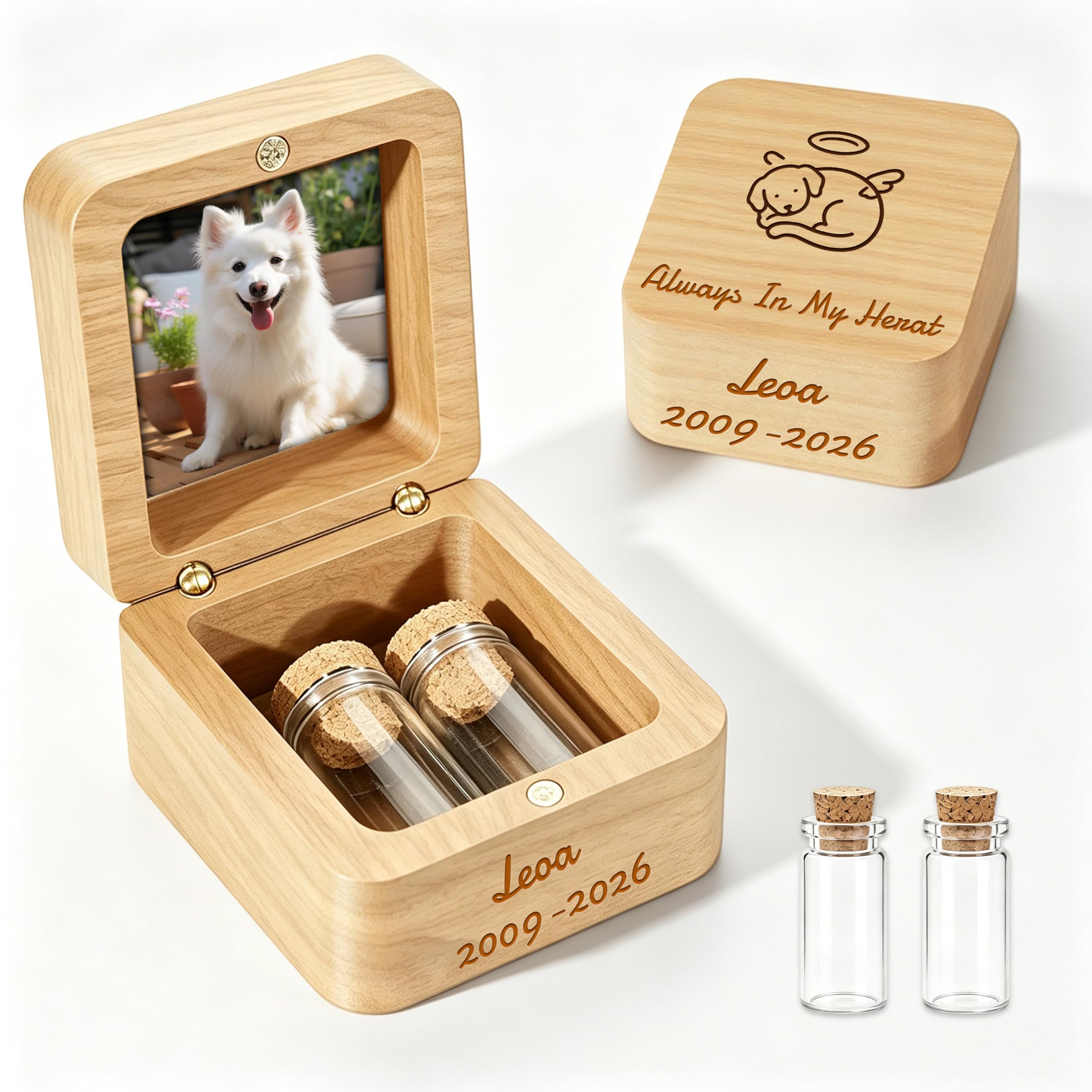 Iwe Custom Wooden Pet Urn for Ashes with Personalised Photo and Text